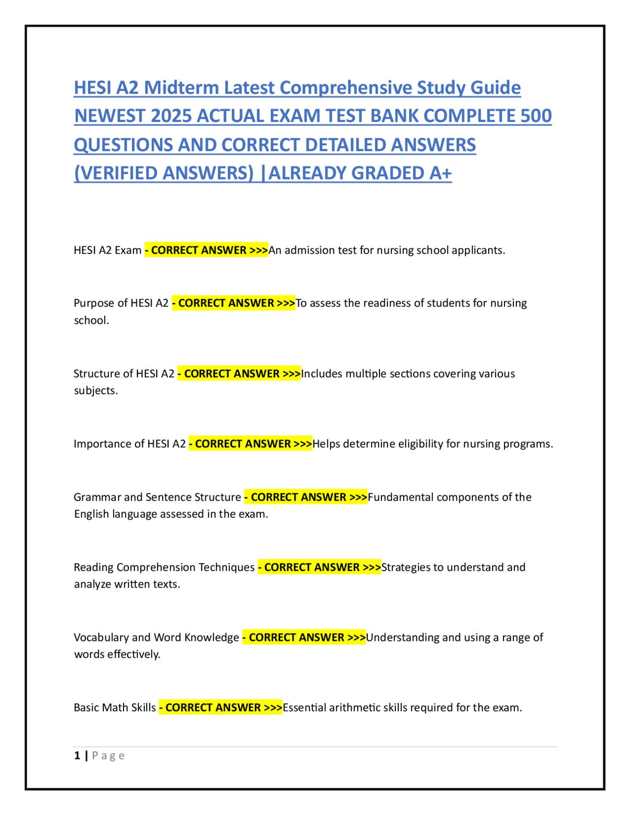 Comprehensive Admission Exam Study Guide 2025 | Exams Nursing | Docsity
