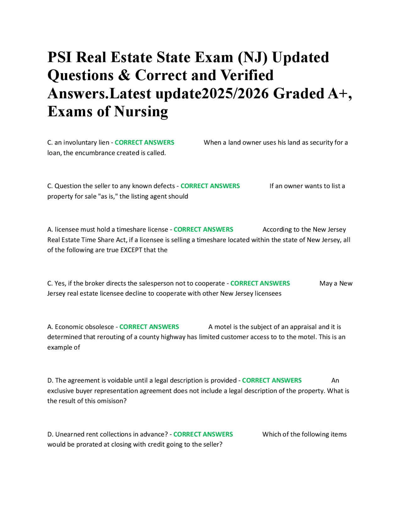PSI Real Estate State Exam (NJ) Updated Questions & Correct