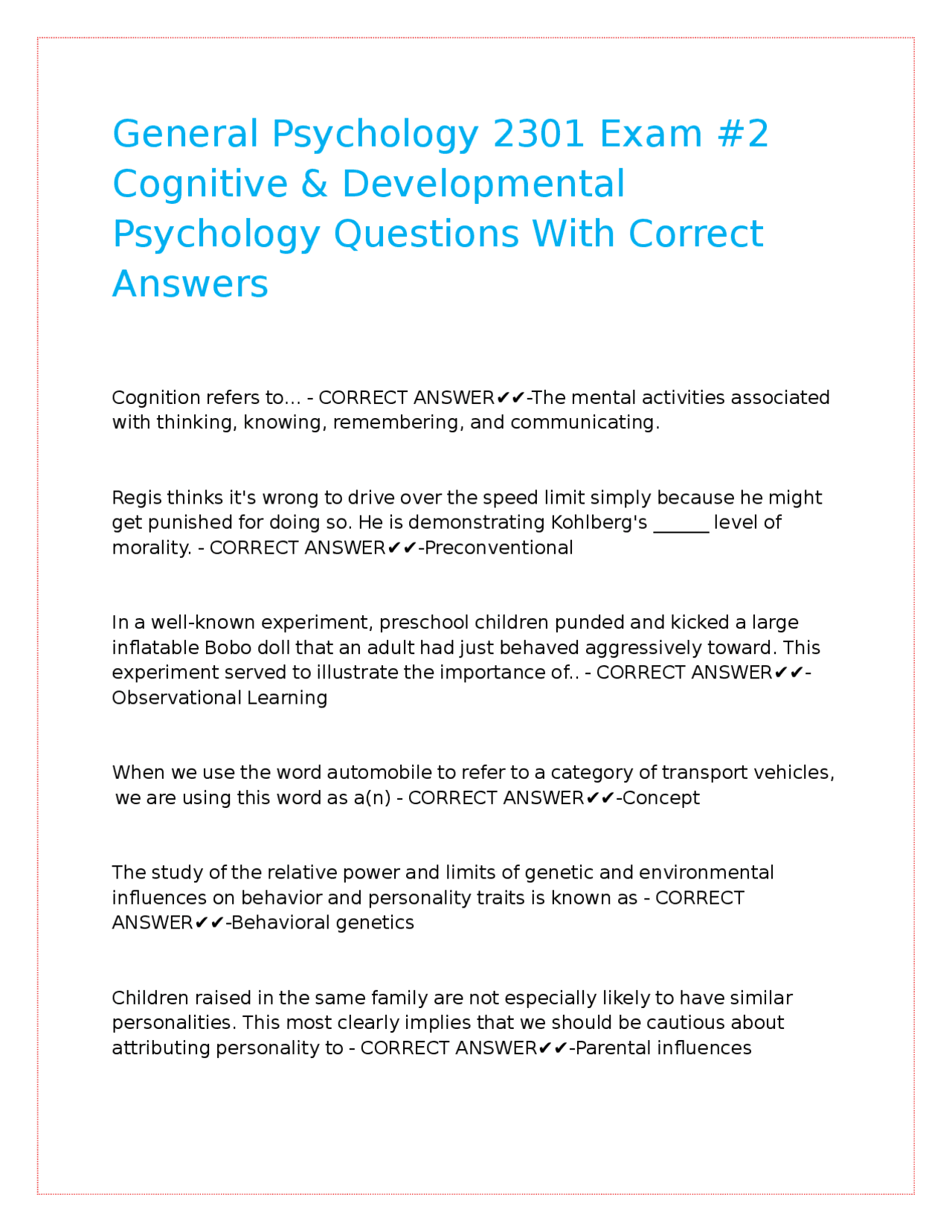 Cognitive and Developmental Psychology Exam Questions and Answers ...