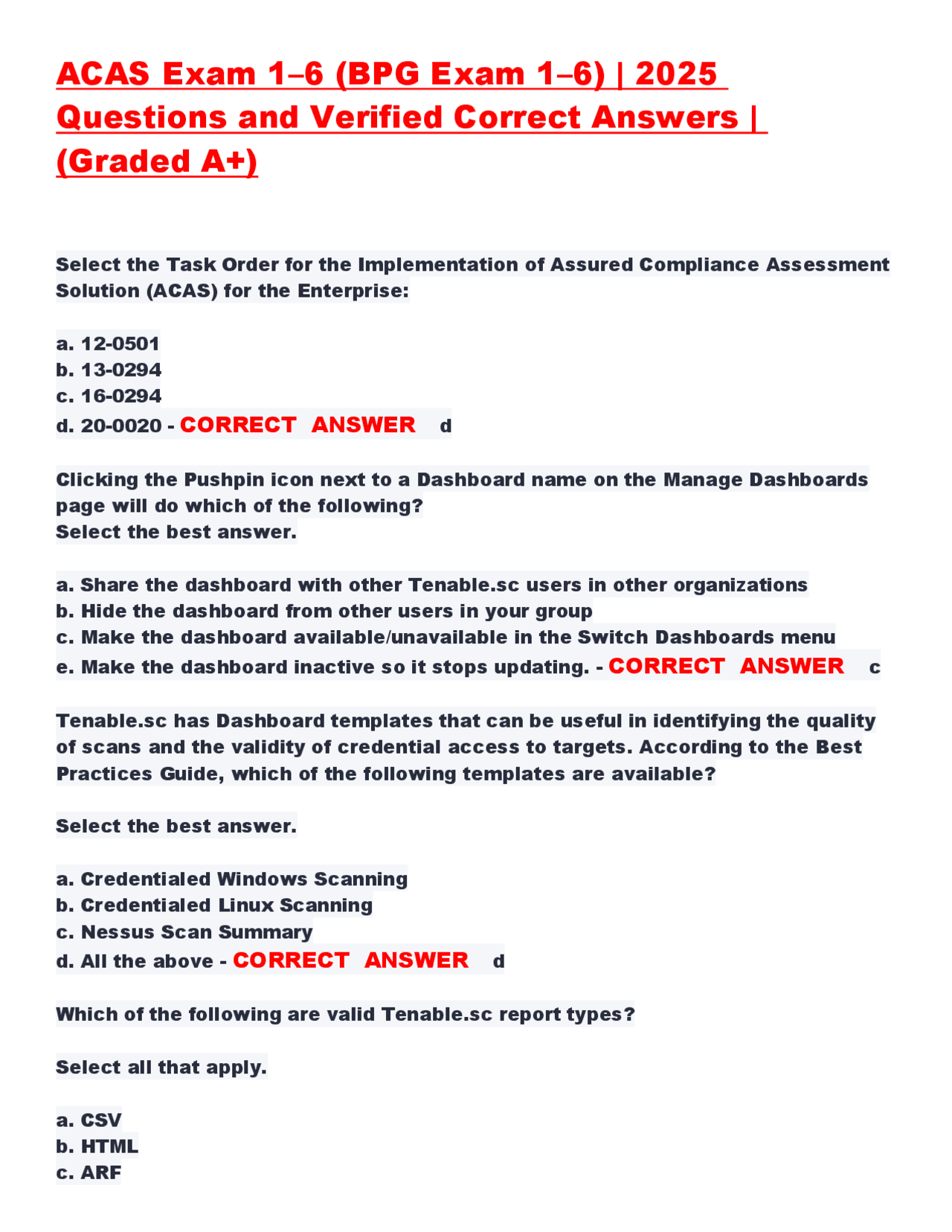 Gcas Questions ACAS Exam 1-6: Questions and Verified Answers (2025) | Exams Cybercrime ...