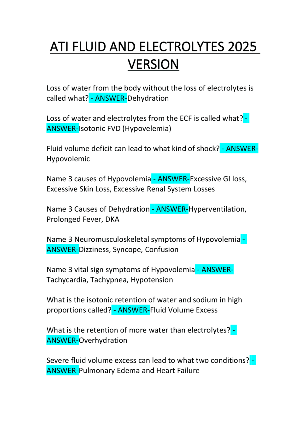 Fluid and Electrolytes Practice Questions and Answers | Exams Nursing ...