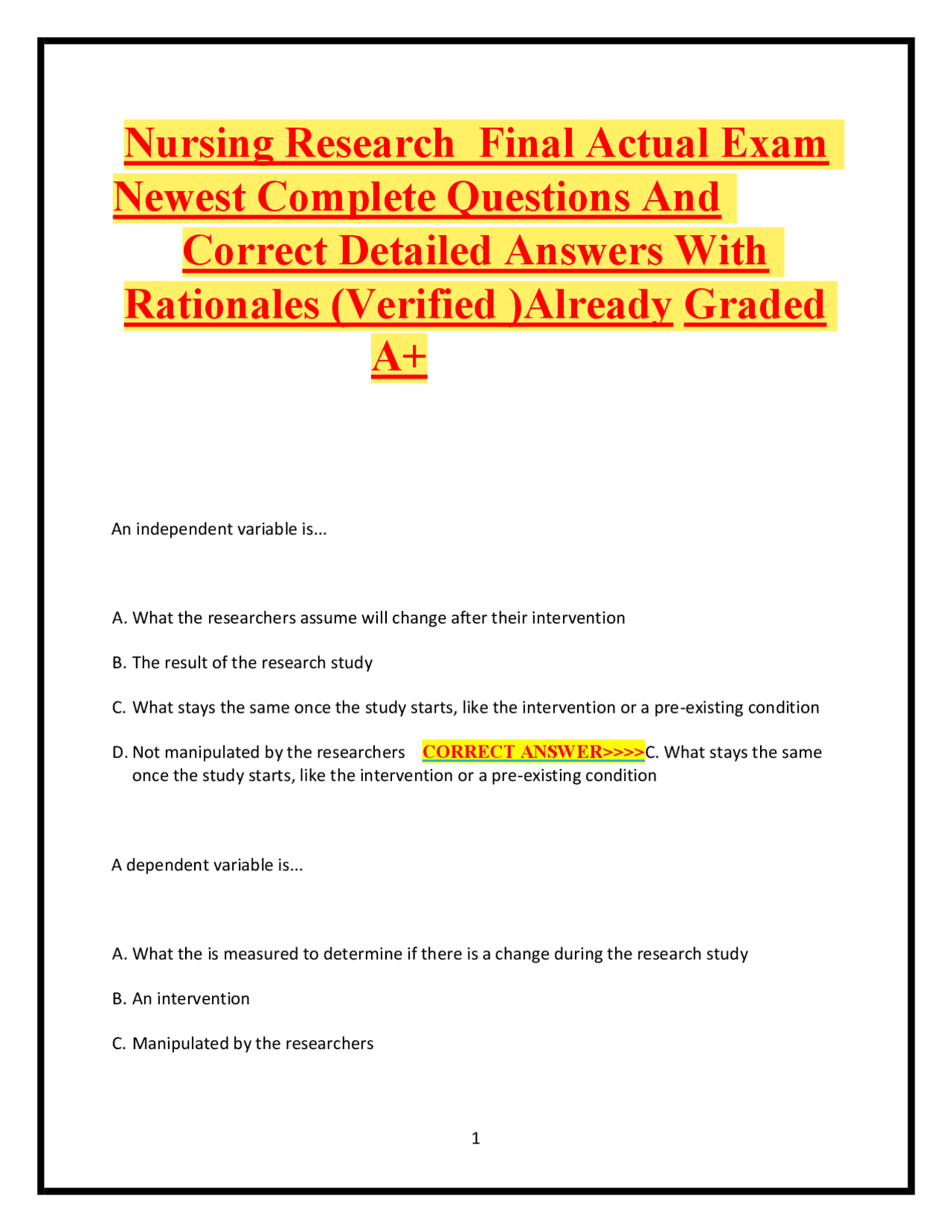 Nursing Research Final Exam: Questions and Answers with Rationales ...