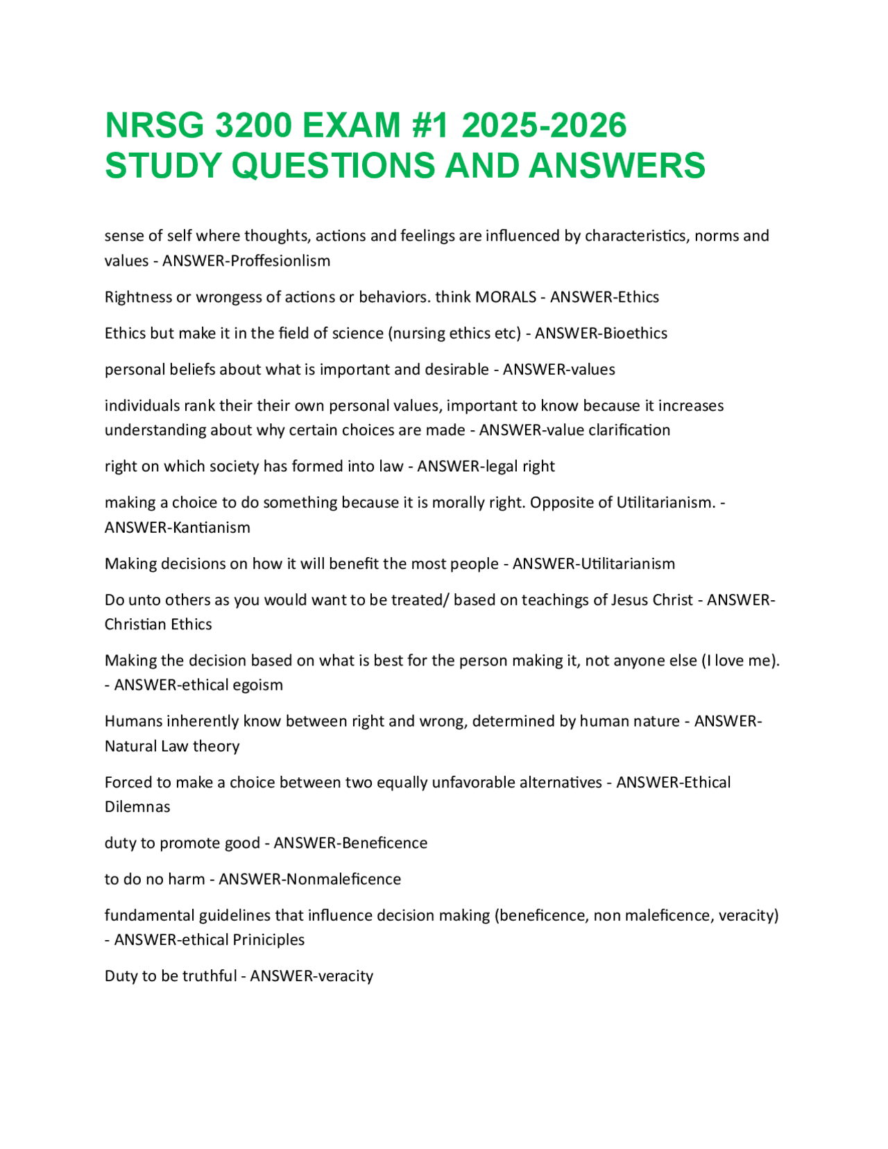 NRSG 3200 EXAM #1 2025-2026 STUDY QUESTIONS AND ANSWERS | Exams ...