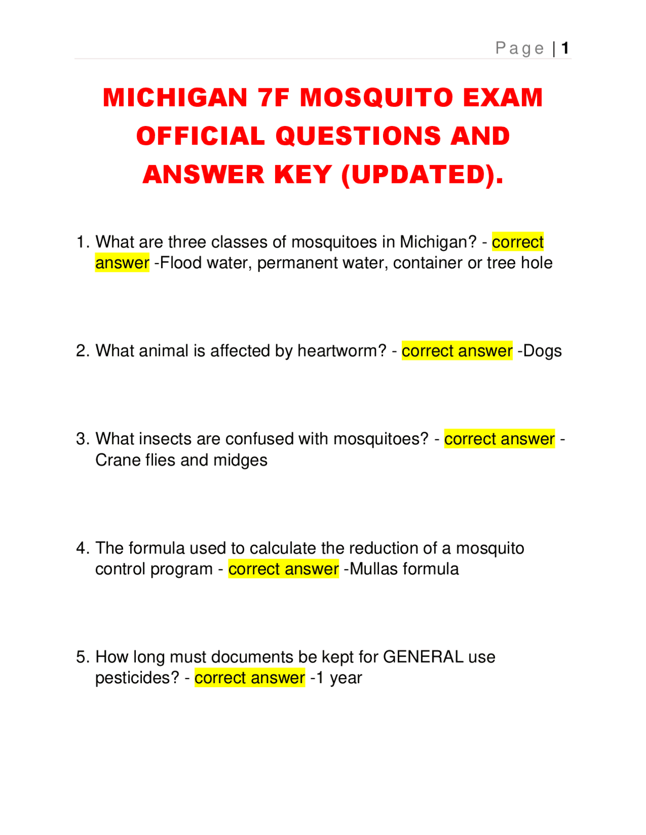 Michigan Mosquito Exam: Official Questions and Answer Key | Exams Pest ...
