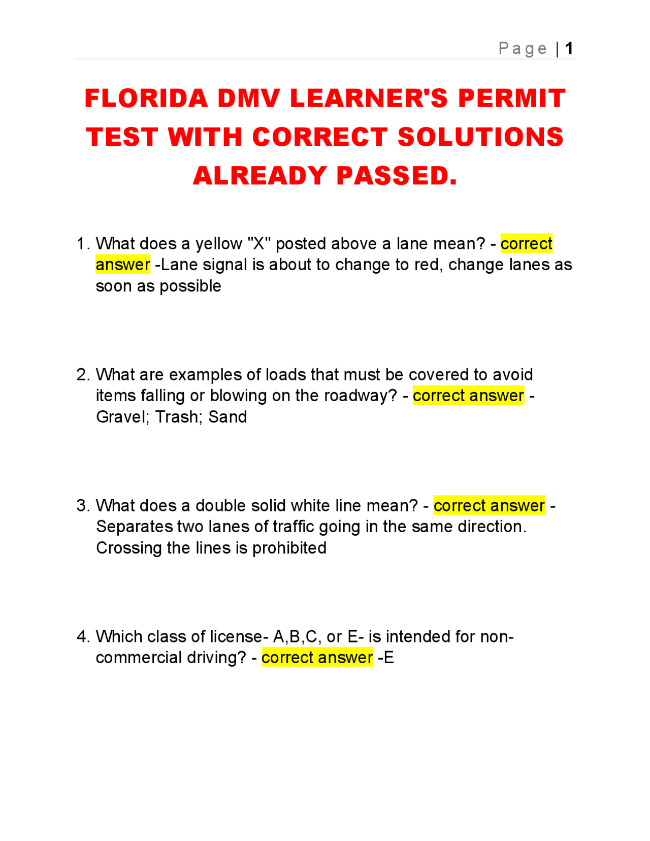 FLORIDA DMV LEARNER'S PERMIT TEST WITH CORRECT SOLUTIONS ALREADY PASSED ...