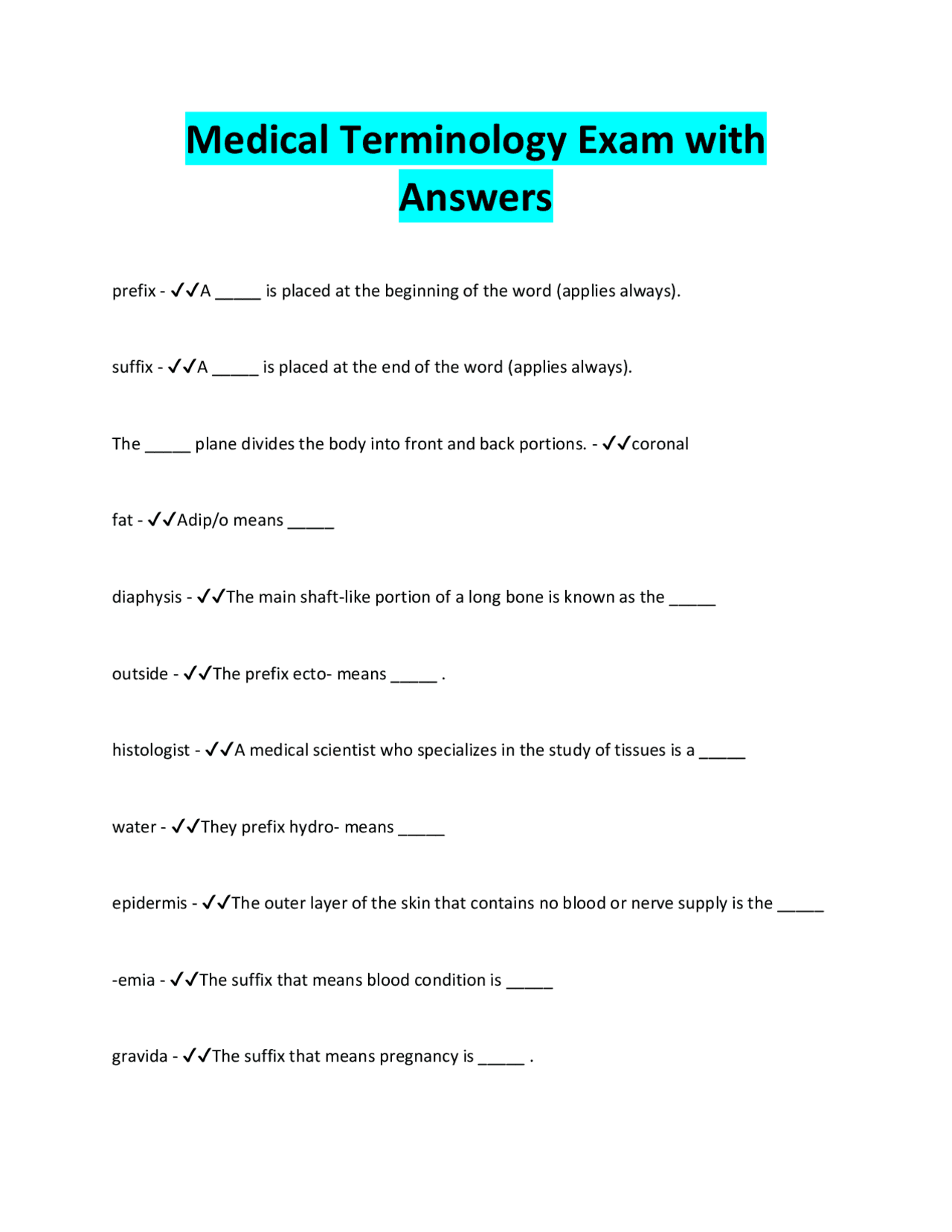 Medical Terminology Exam with Answers: Comprehensive Review | Exams ...