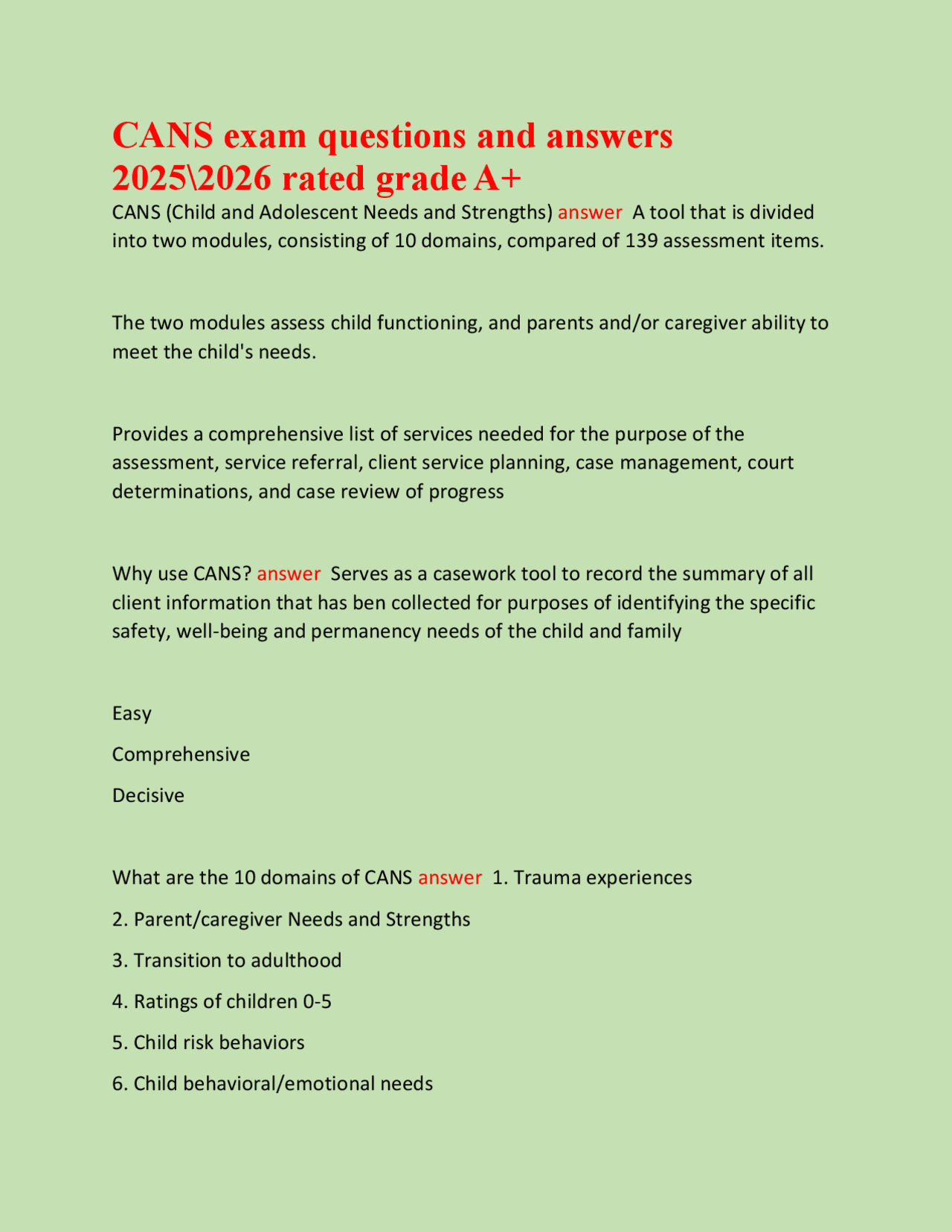Cans Assessment.pdf CANS (Child and Adolescent Needs and Strengths) Exam Q&A: Comprehensive ...