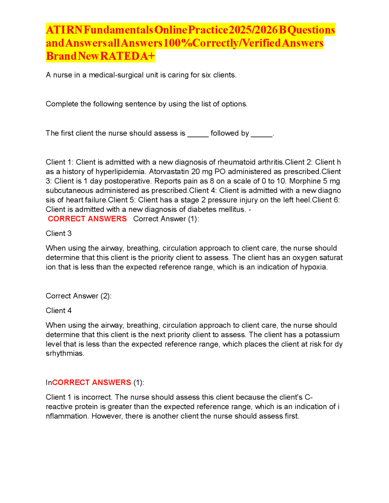 ATI RN Fundamentals Online Practice 2025/2026 B Questions & Answers 100 ...