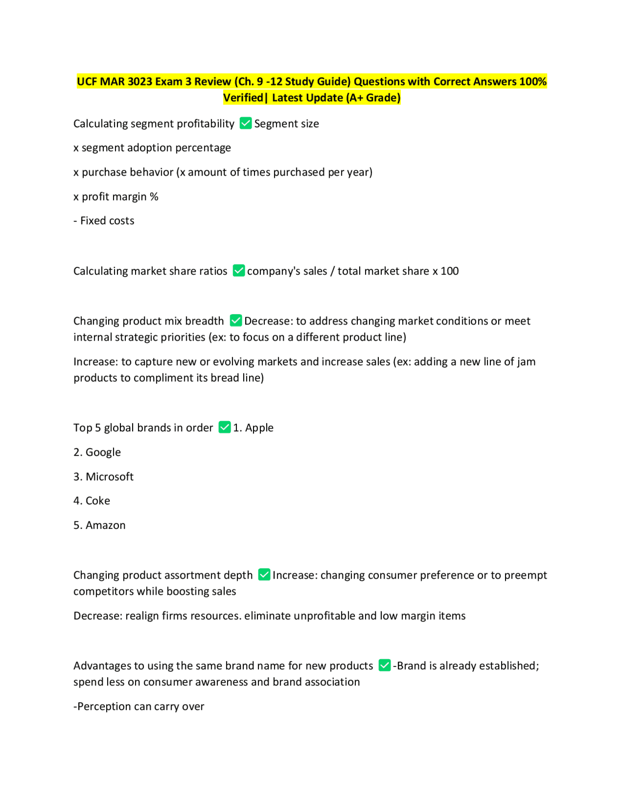 UCF MAR 3023 Exam 3 Review (Ch. 9 -12 Study Guide) Questions with ...
