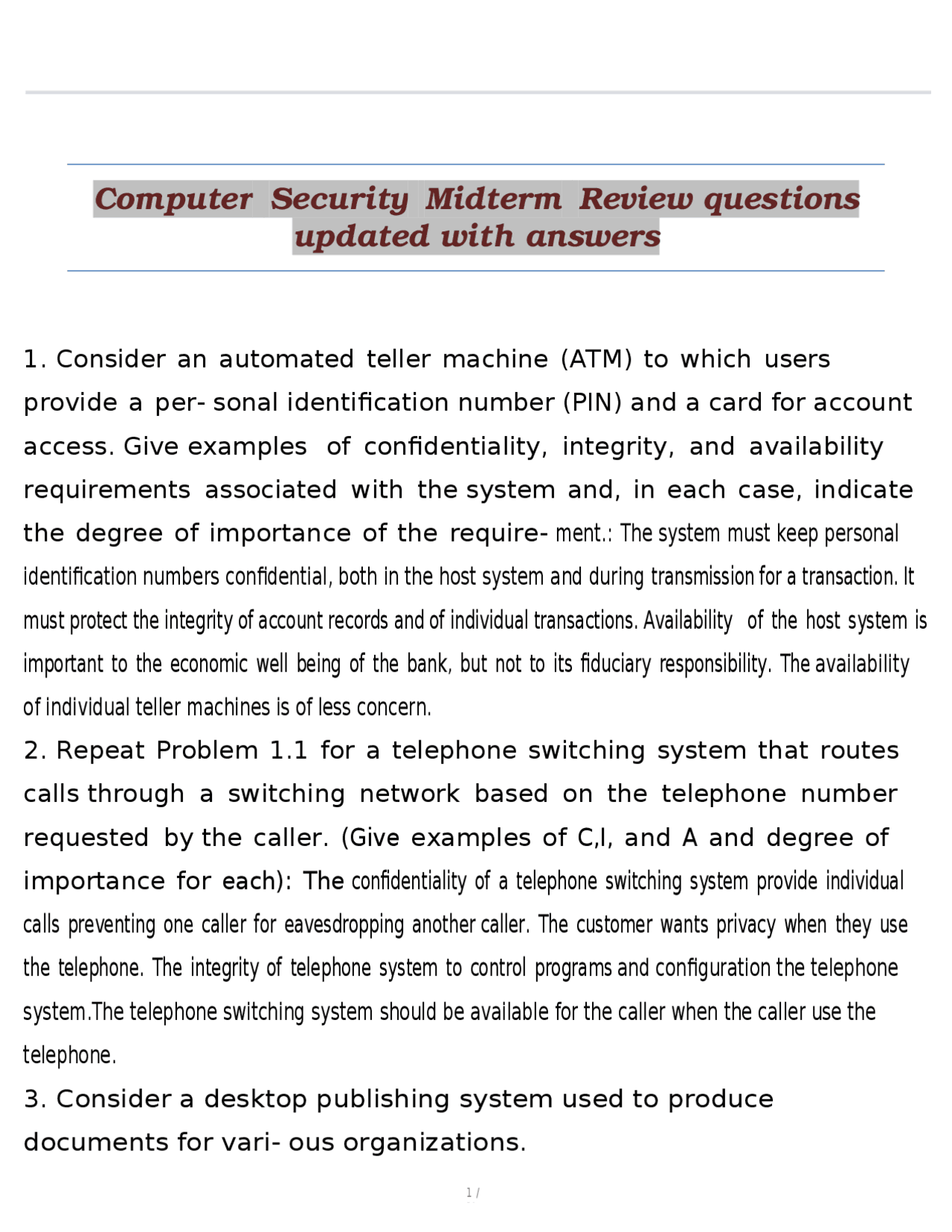 Computer Security Midterm Review Questions with Answers | Exams ...