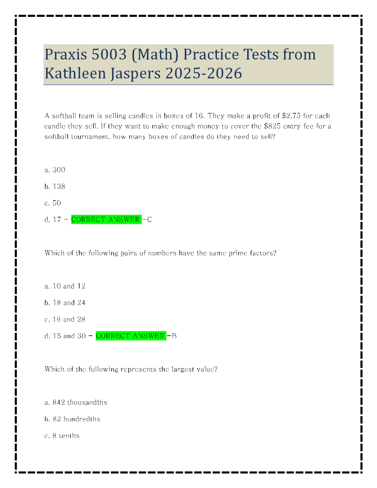 Praxis 5003 (Math) Practice Tests from Kathleen Jaspers 2025-2026 ...