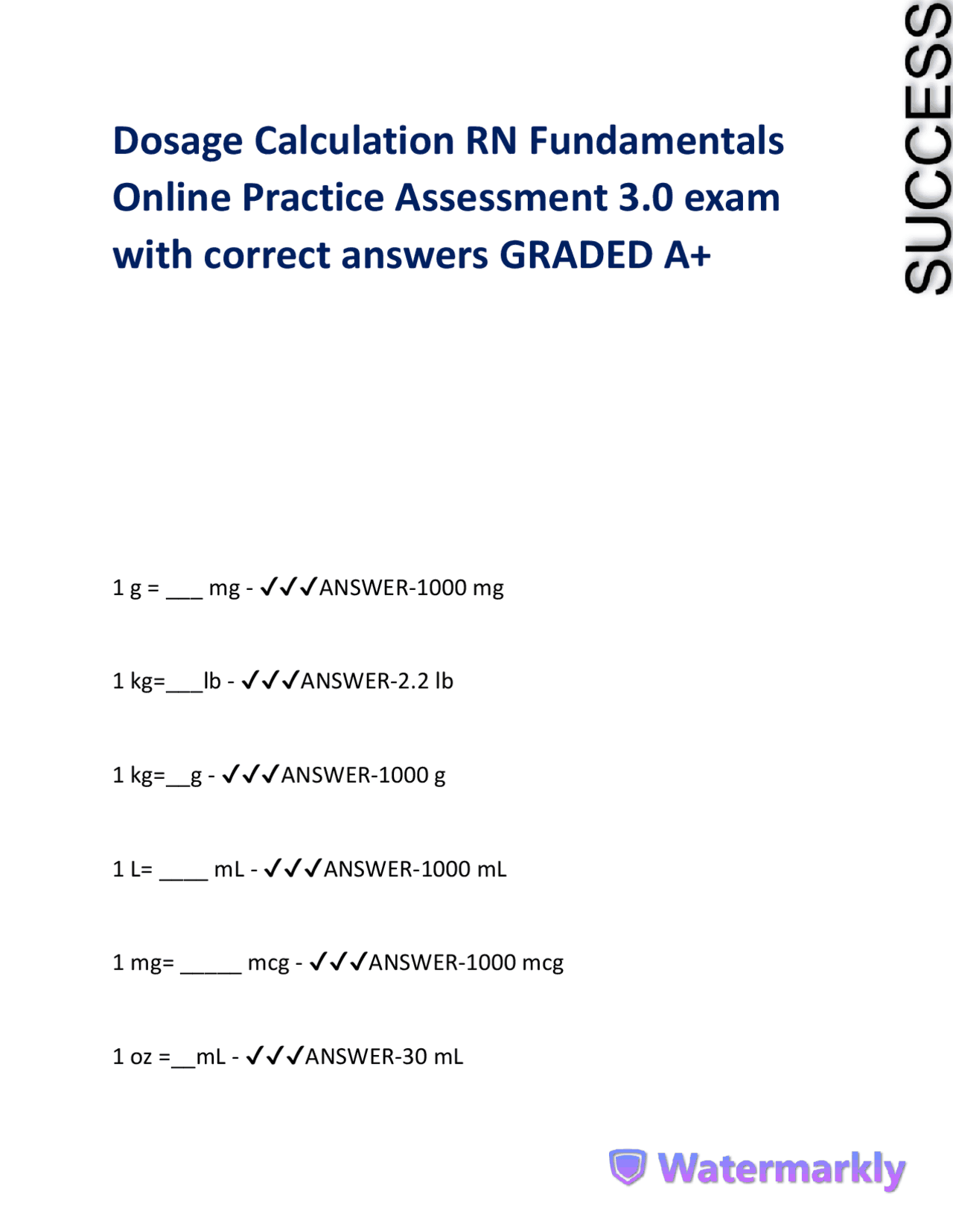 Dosage Calculation Practice Problems for Nurses | Exams Nursing | Docsity