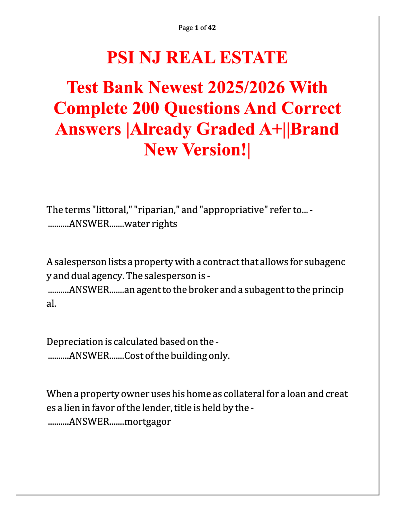 PSI NJ Real Estate Exam Test Bank 2025/2026 200 Verified