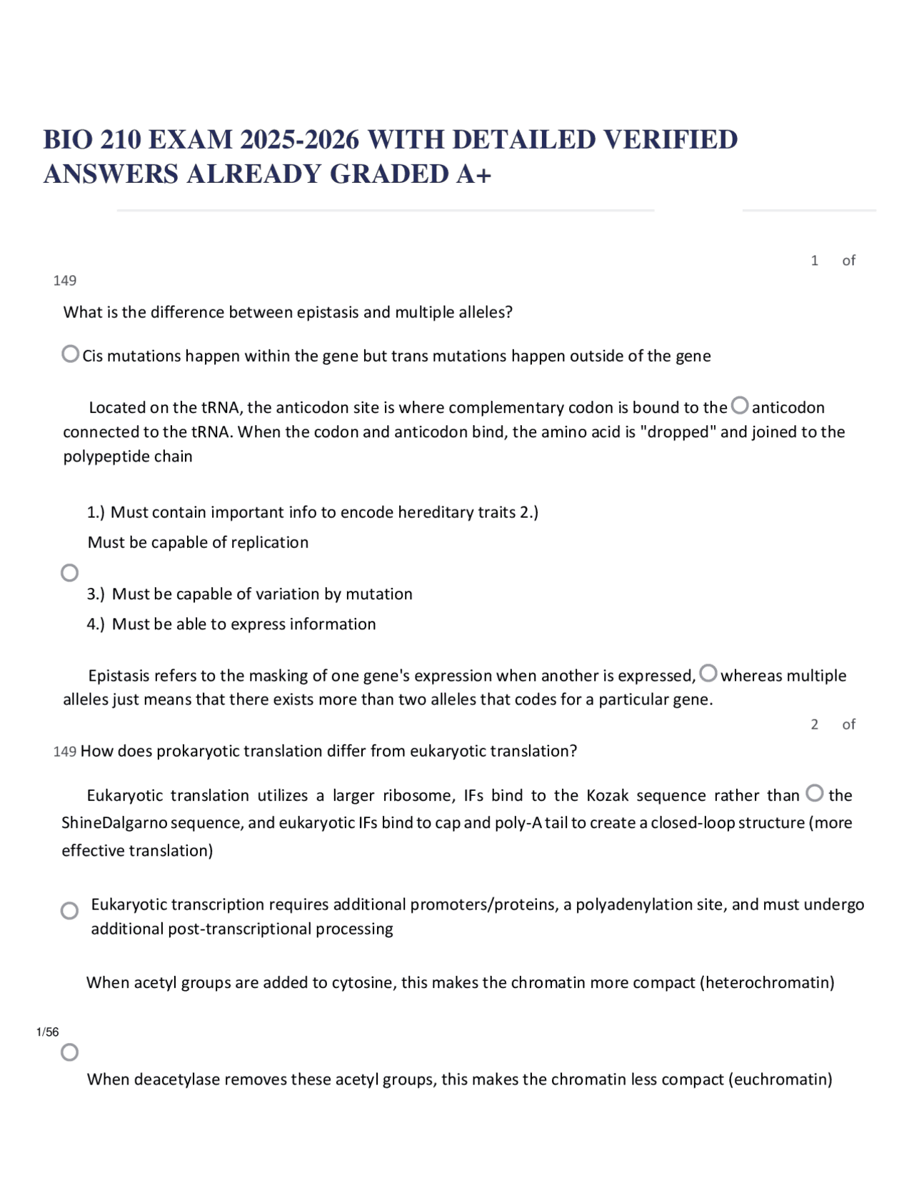 BIO 210 Genetics Final Exam 2025-2026 with Detailed Verified Answers ...