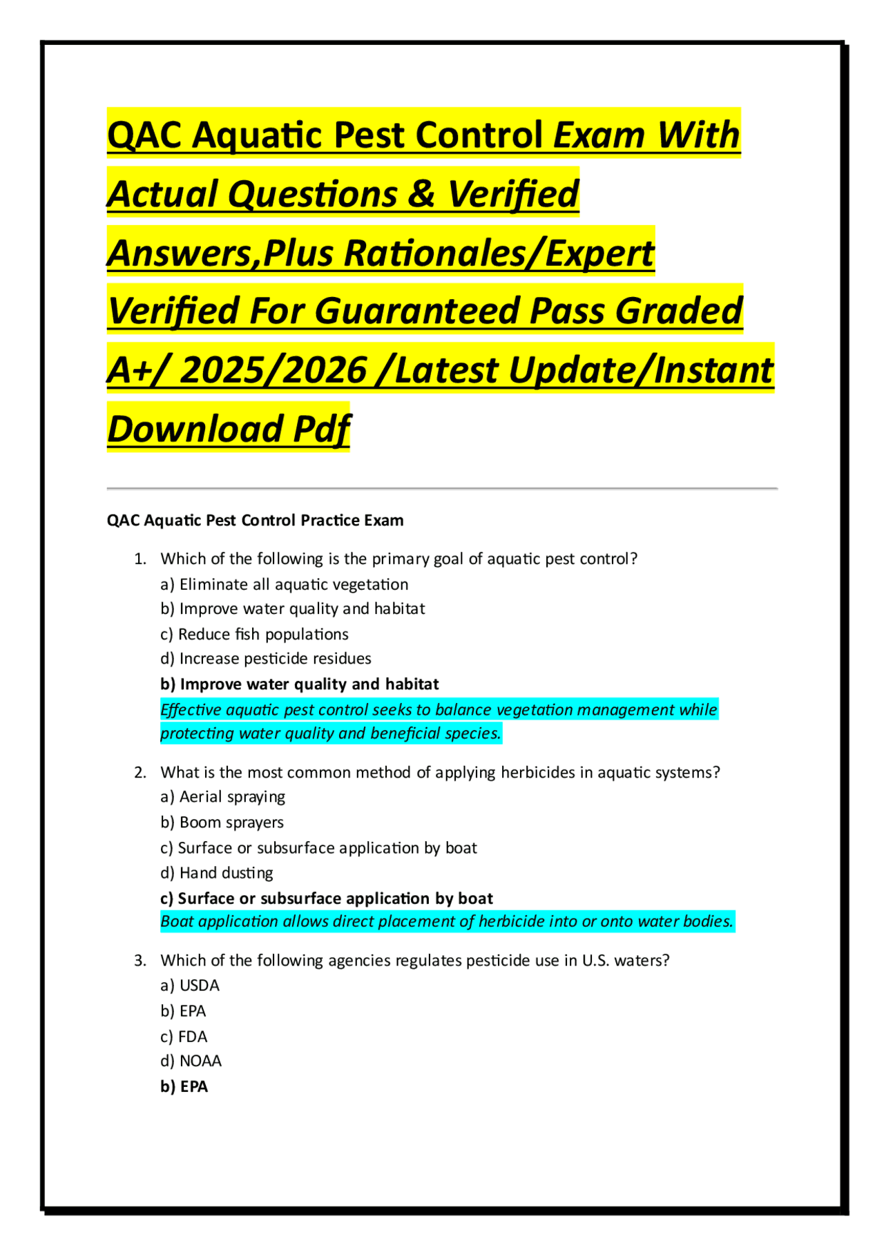 QAC Aquatic Pest Control Exam With Actual Questions & Verified Answers ...