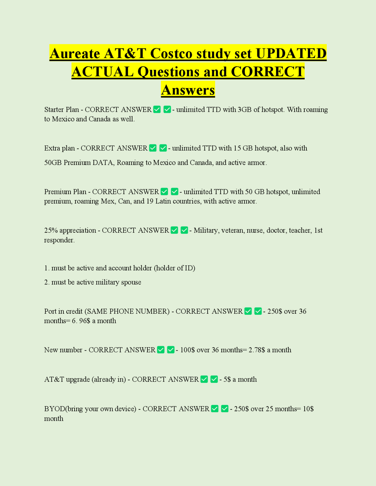 AT&T Costco Study Set: Actual Questions and Correct Answers | Exams ...