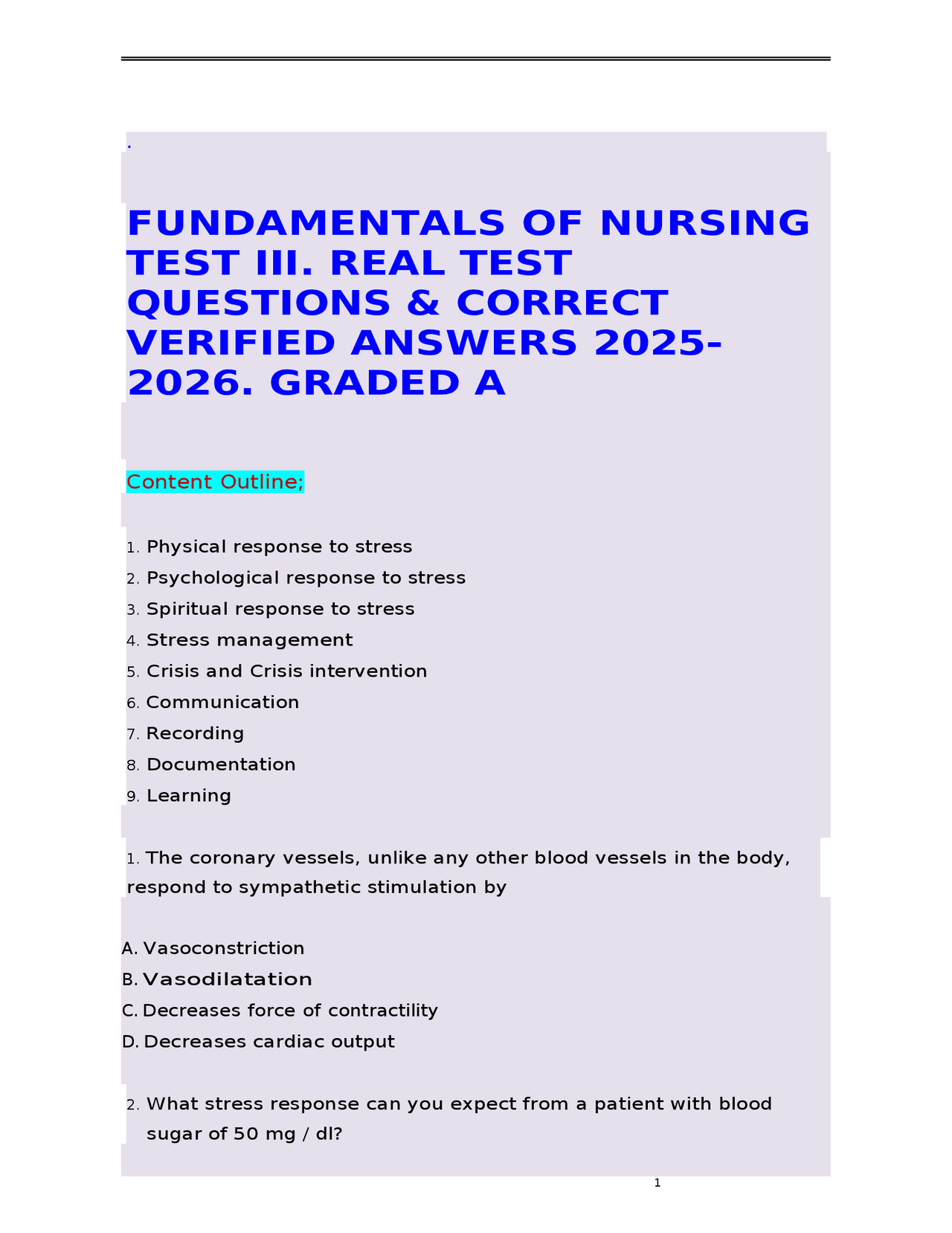 Nursing Fundamentals Test III: Questions and Verified Answers for 2025 ...