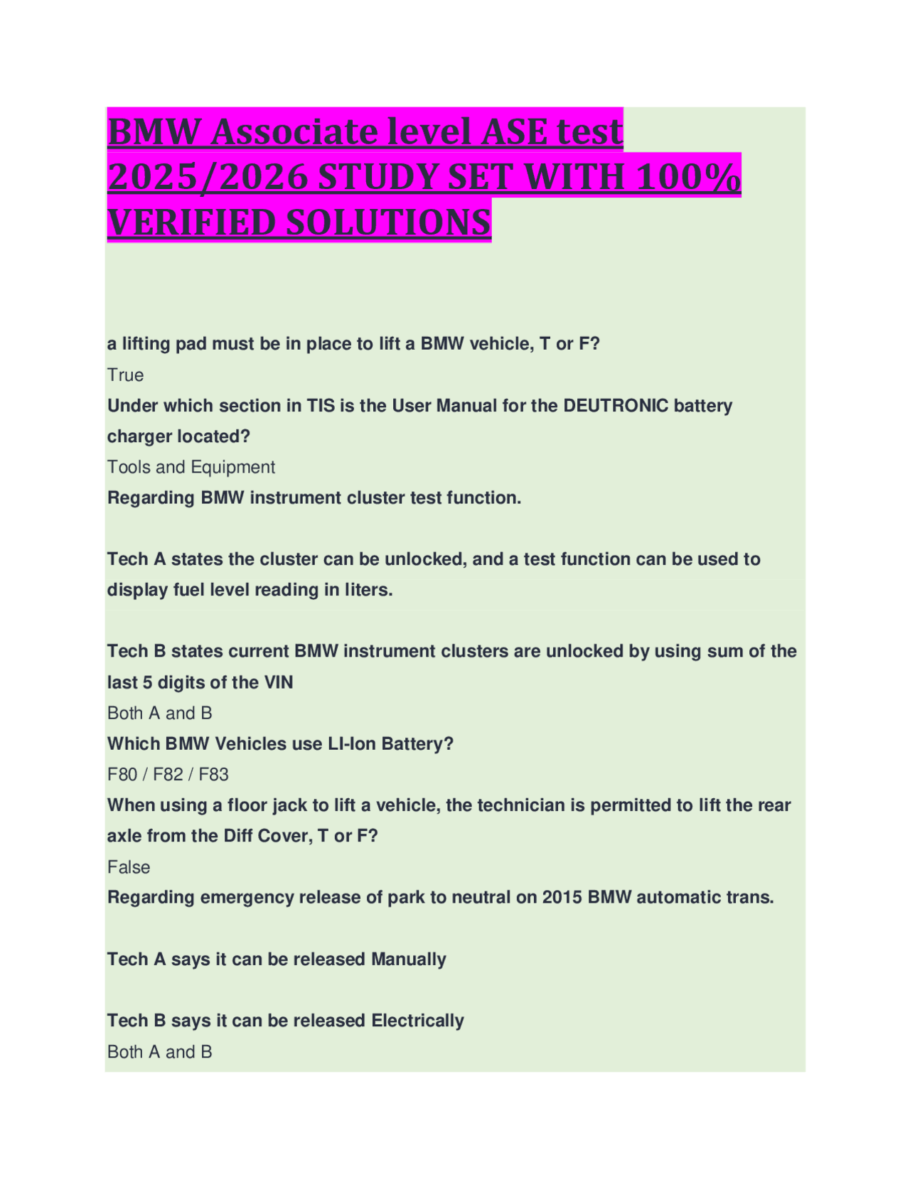 BMW Associate Level ASE Test 2025/2026: Verified Solutions | Exams ...