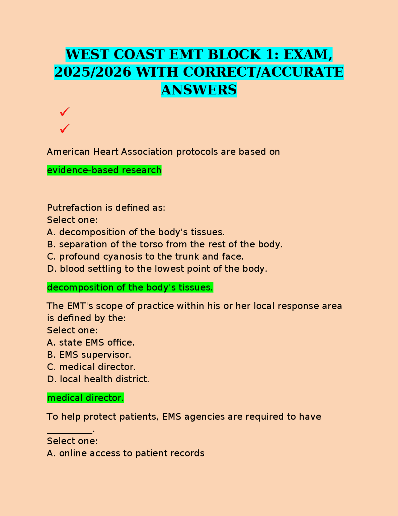 EMT Exam Questions and Answers: West Coast Block 1 (2025/2026) | Exams ...