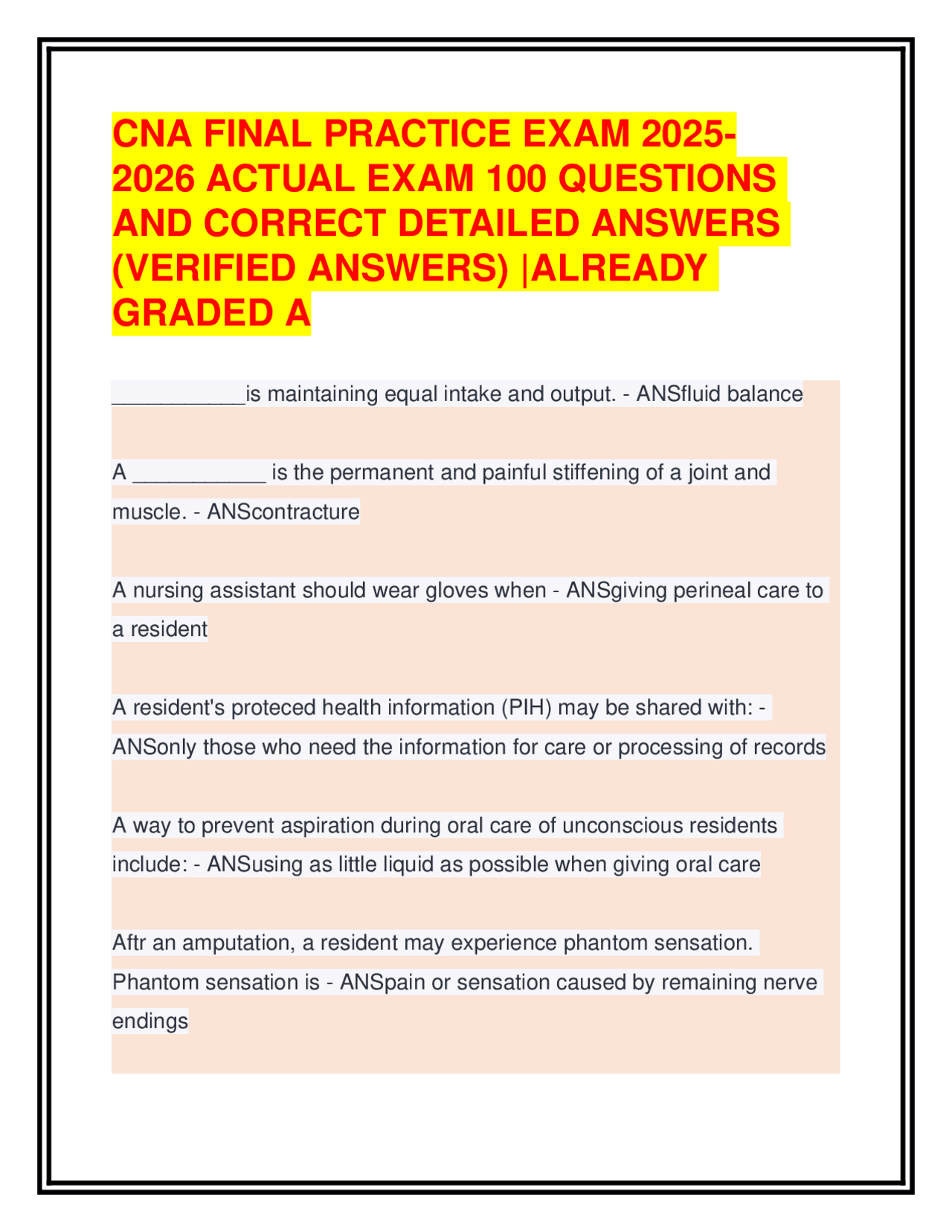 CNA Practice Exam 2025-2026: 100 Questions with Verified Answers ...