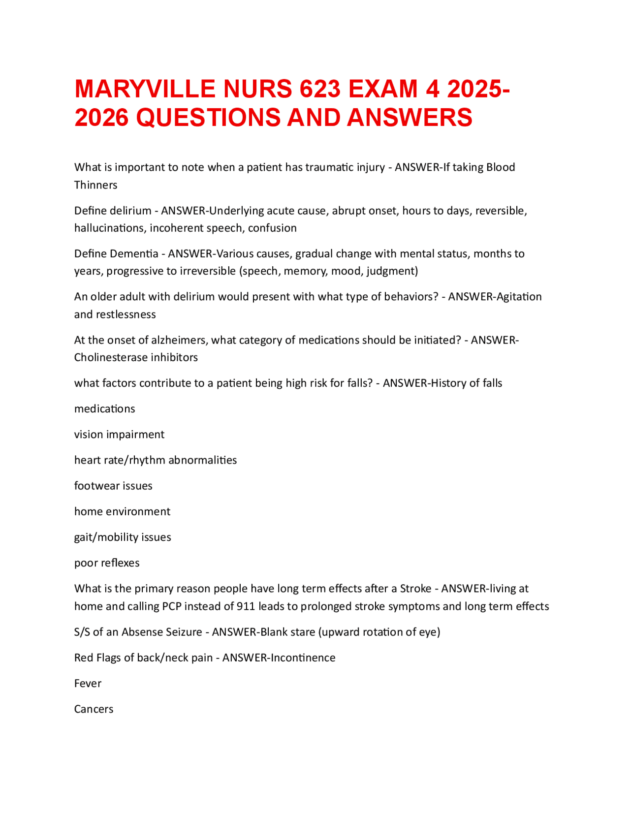 MARYVILLE NURS 623 EXAM 4 20252026 QUESTIONS AND ANSWERS | Exams ...