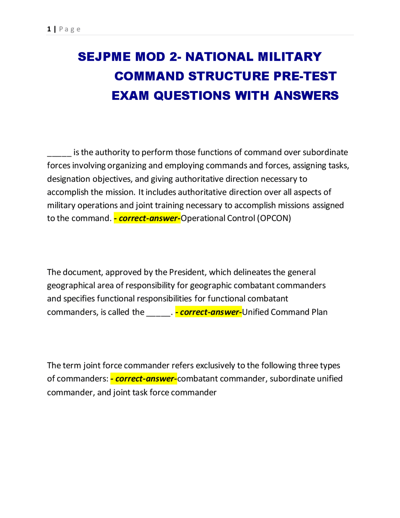 SEJPME MOD 2- NATIONAL MILITARY COMMAND STRUCTURE PRE-TEST EXAM ...
