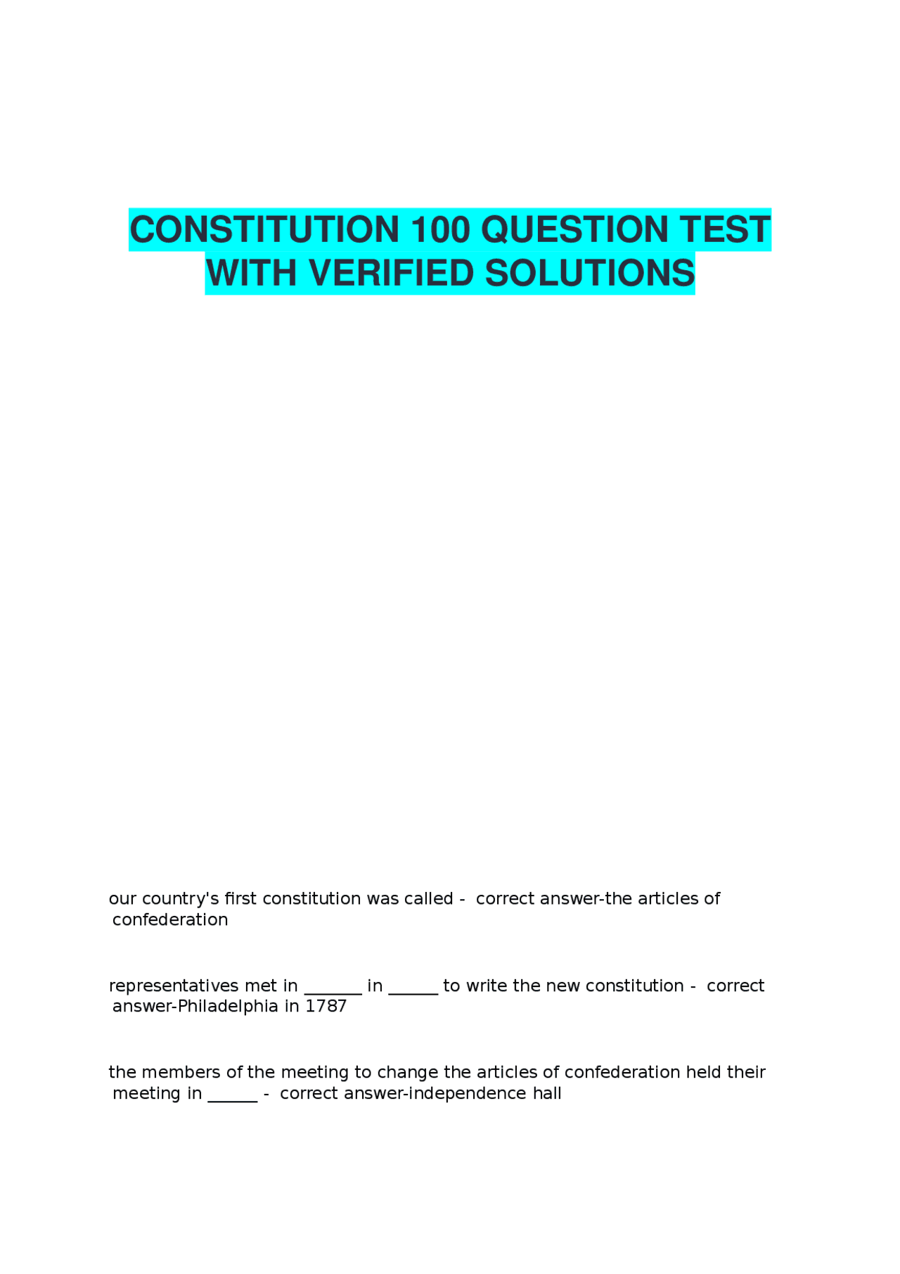 Constitution 100 Question Test with Verified Solutions | Exams Advanced ...