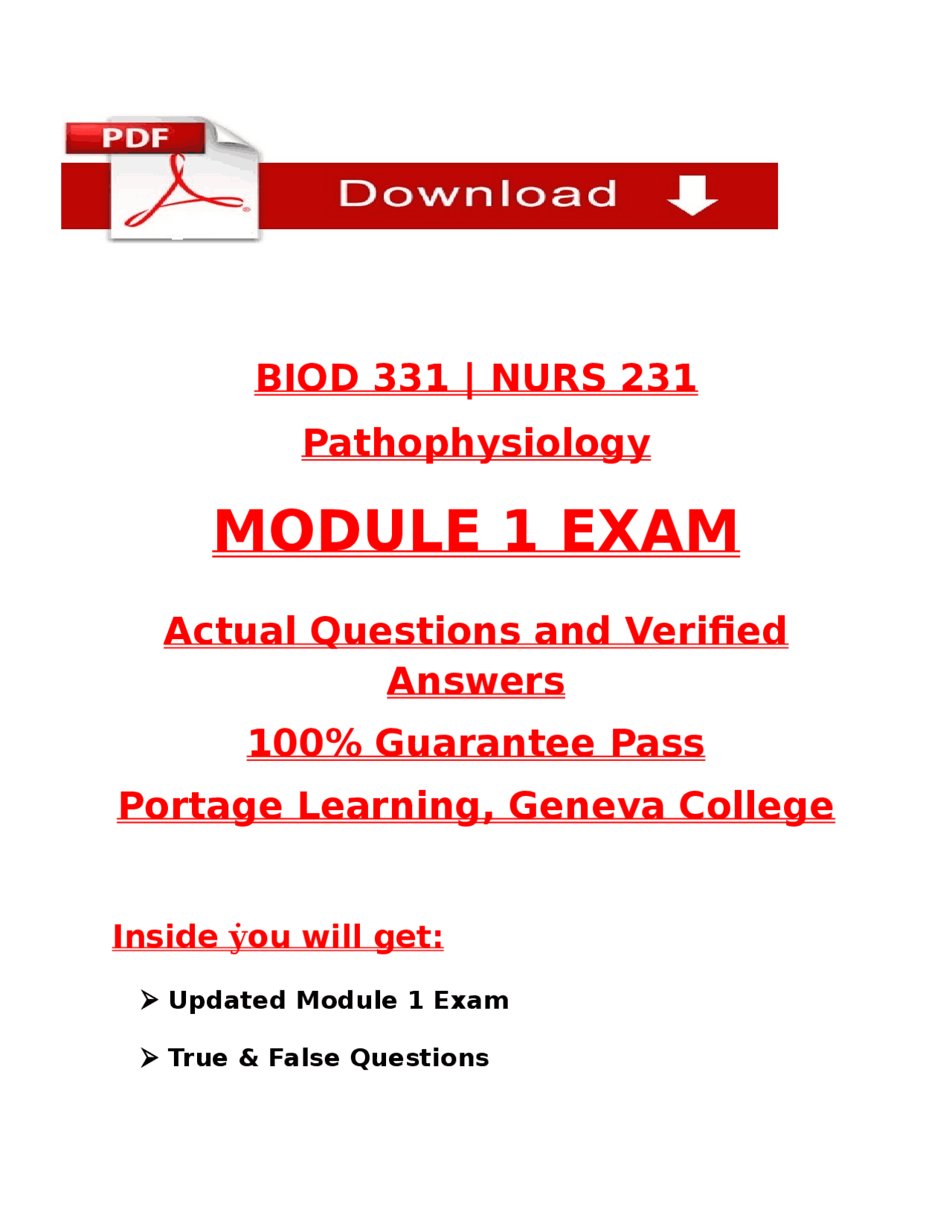BIOD 331 | NURS 231 Pathophysiology Module 1 Exam 2025/2026 – Verified ...