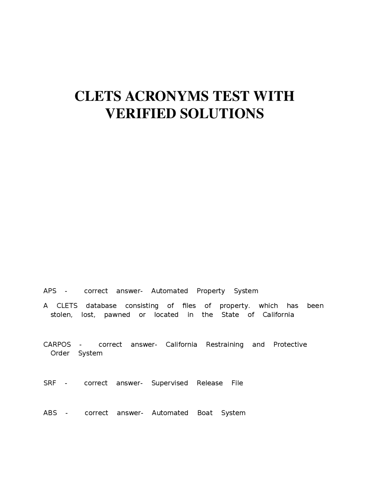 CLETS Acronyms and Definitions | Exams Nursing | Docsity