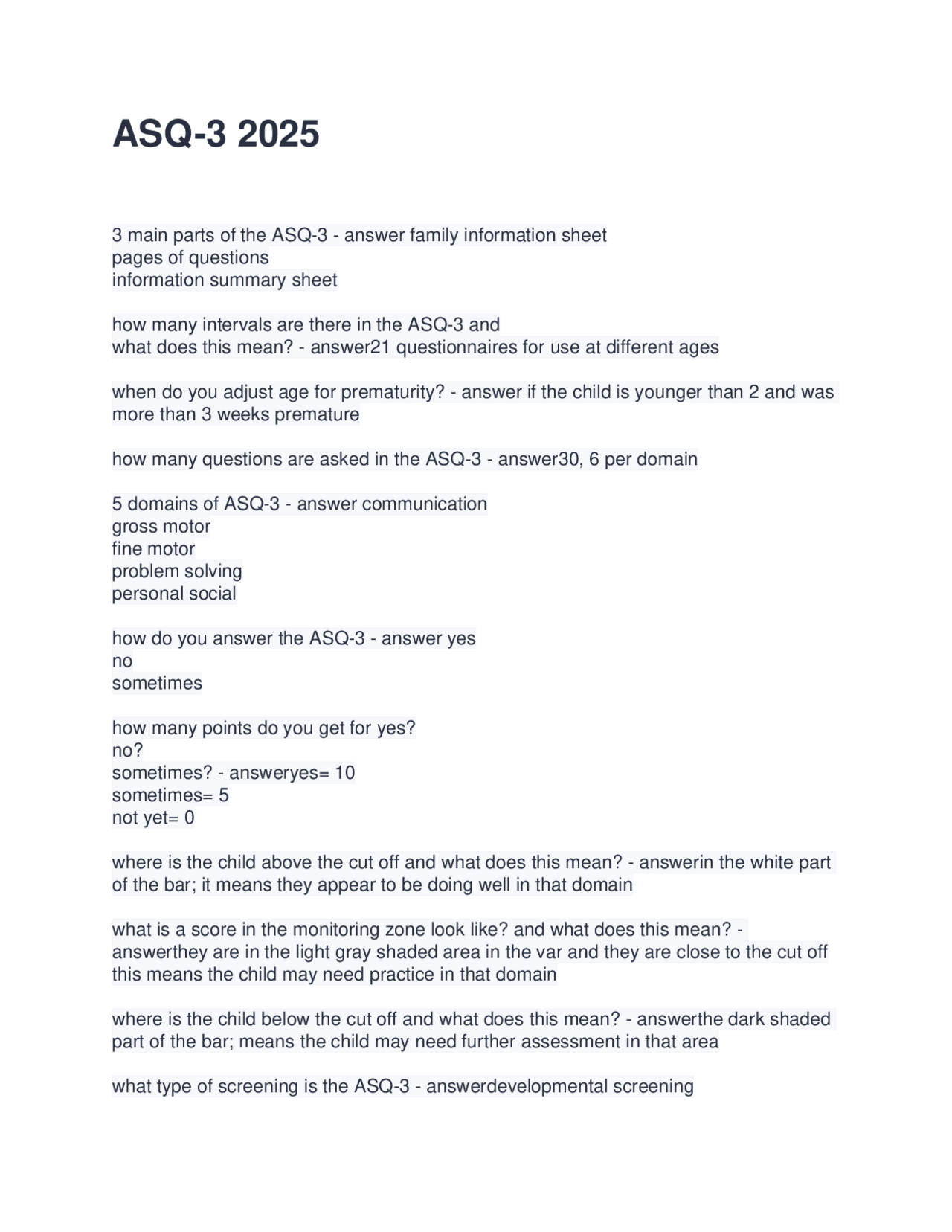 ASQ-3 Screening Tool: Key Questions and Answers | Exams Advanced ...