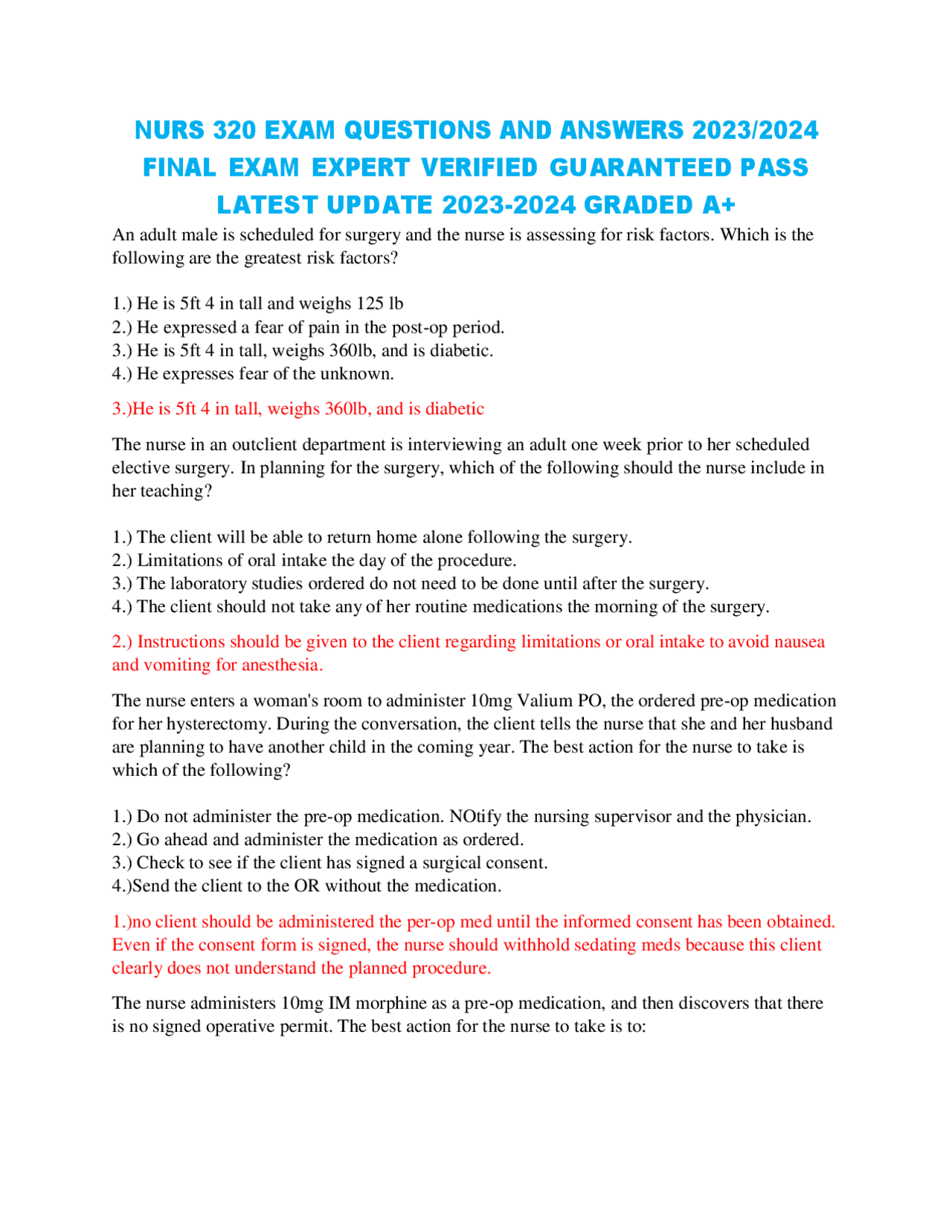 NURS 320 Exam Questions and Answers 2023/2024 | Exams Nursing | Docsity