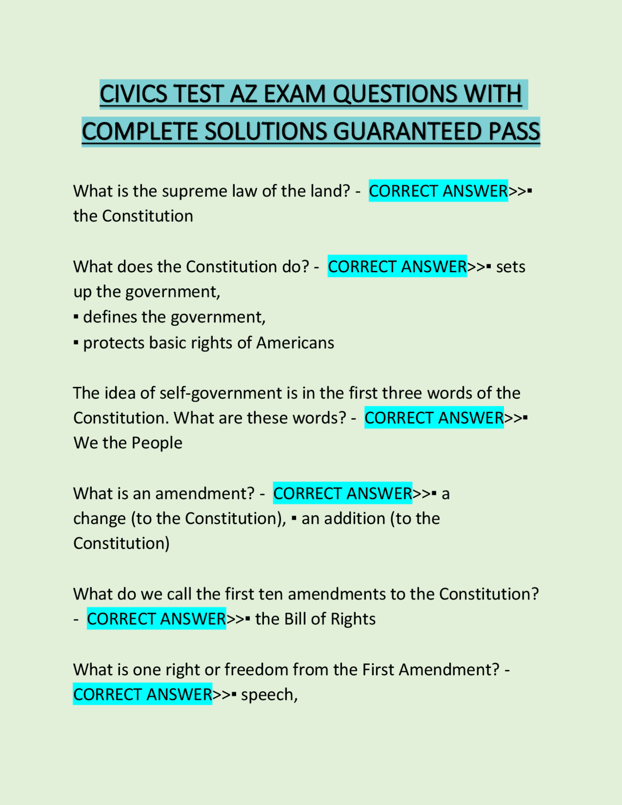 Civics Test AZ Exam Questions with Complete Solutions | Exams Nursing | Docsity