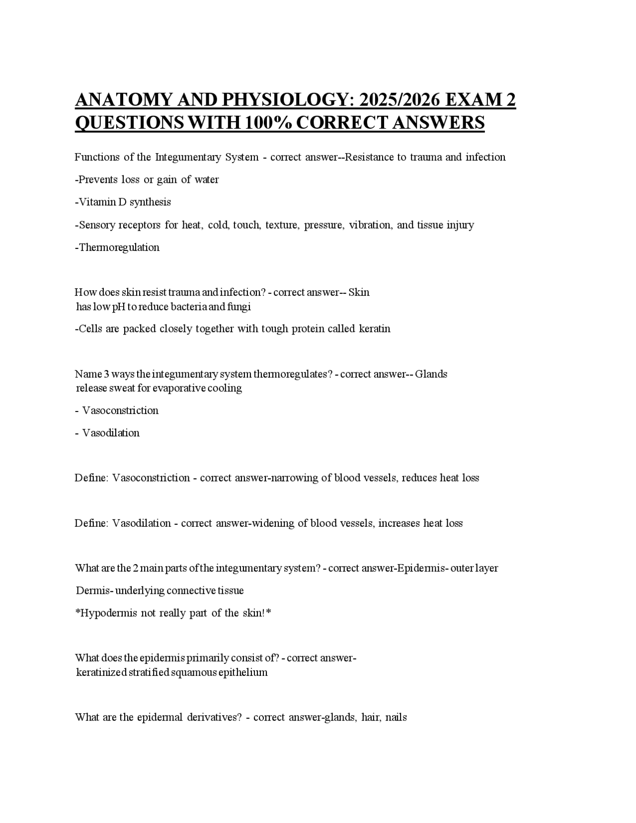 Anatomy and Physiology Exam 2: Q&A for 2025/2026 | Exams Nursing | Docsity