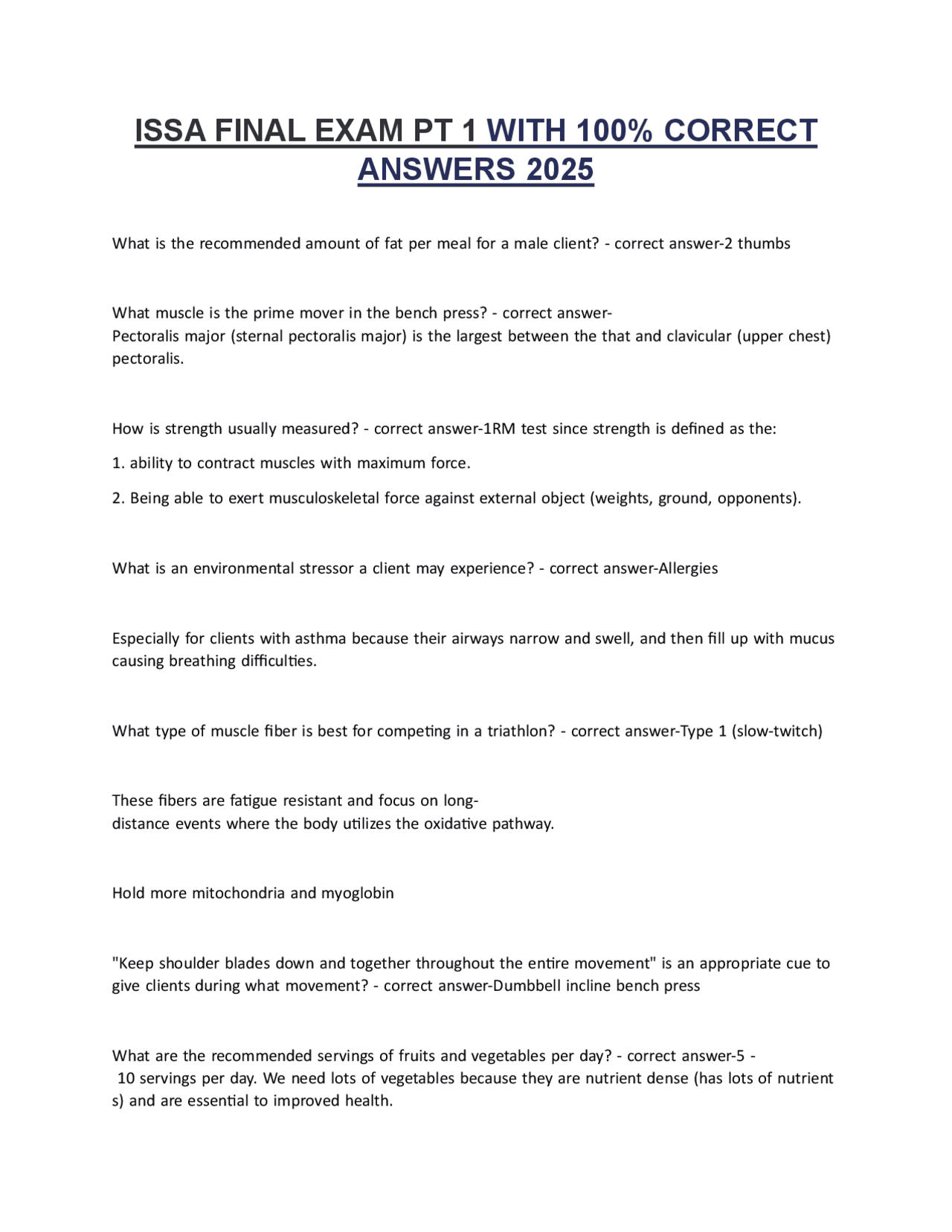 ISSA Personal Training Certification Exam Questions and Answers 2025 ...