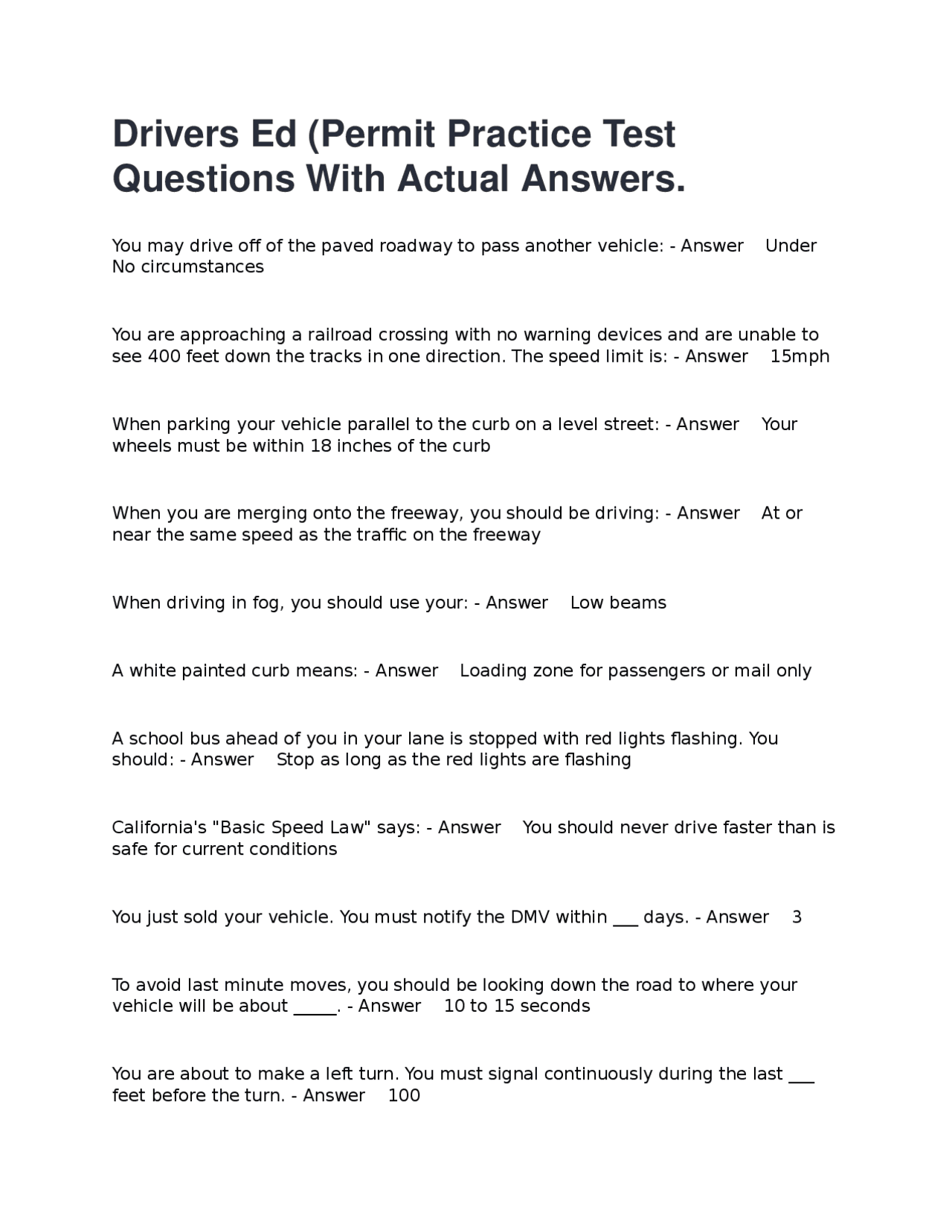 Driver's Ed Permit Practice Test Questions and Answers | Exams Advanced ...