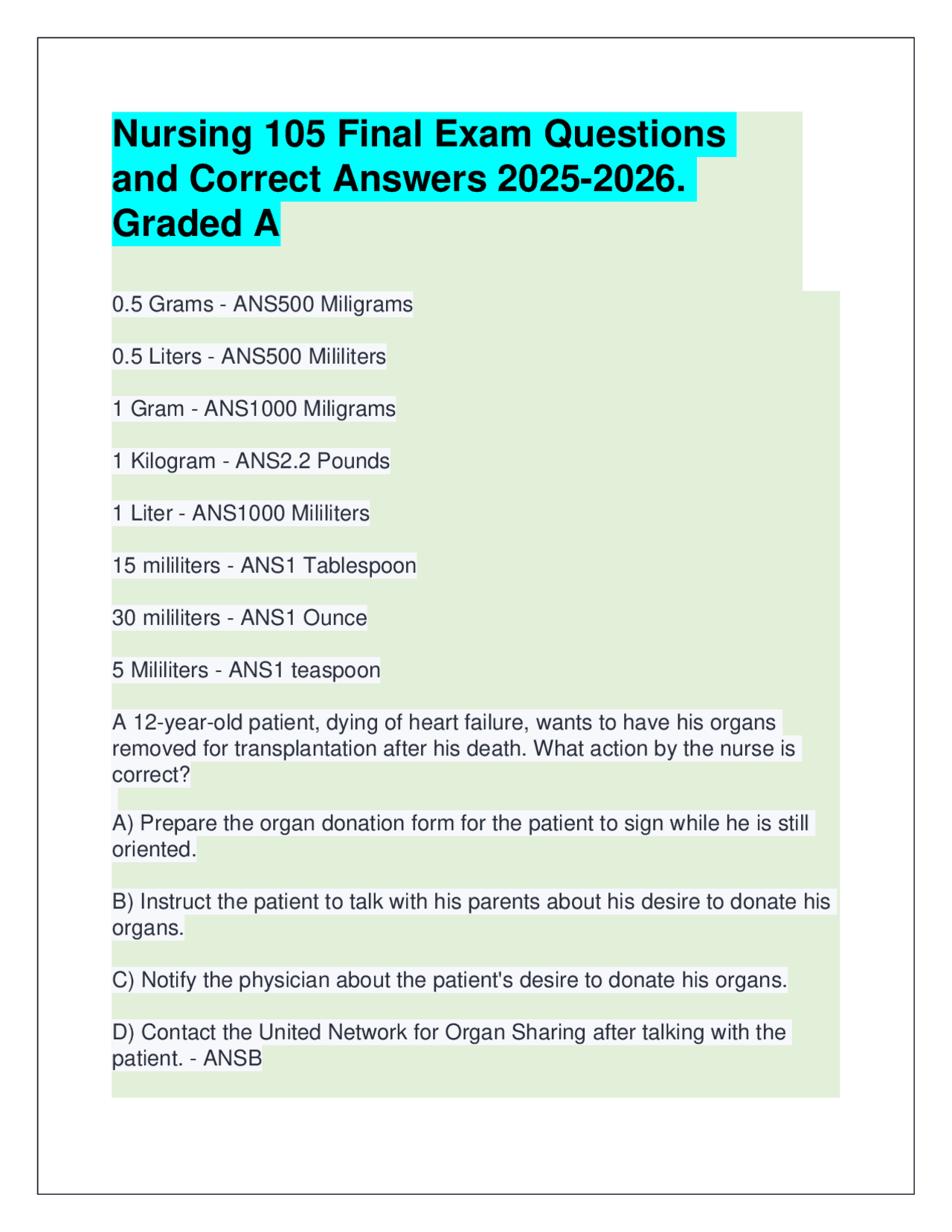 Nursing 105 Final Exam Questions and Answers 2025-2026. Graded A ...