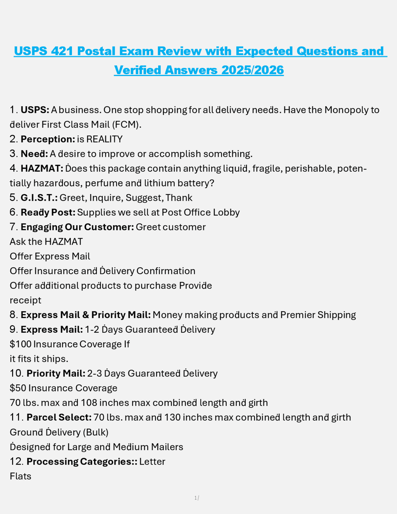 USPS 421 Postal Exam Review: Questions and Answers 2025/2026 | Exams Nursing | Docsity