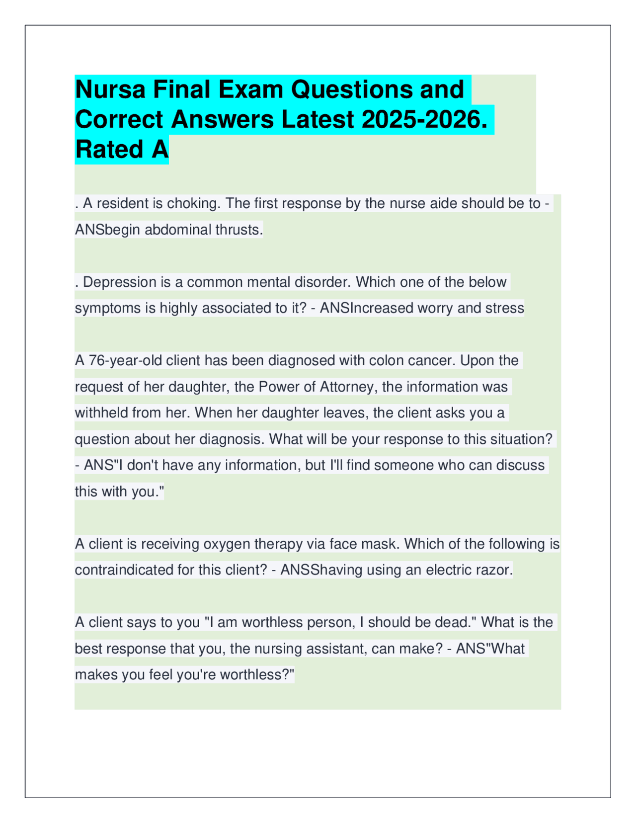 Nursa Final Exam Questions and Answers Latest 2025-2026. Rated A ...