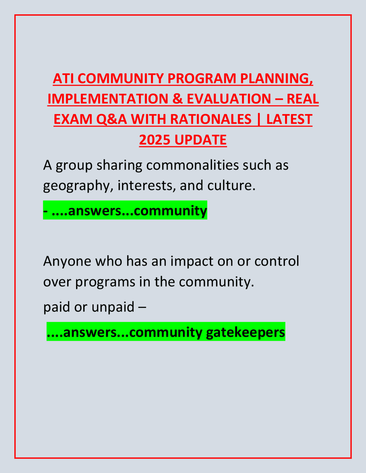 Community Program Planning Rationale Example ATI COMMUNITY PROGRAM PLANNING, IMPLEMENTATION & EVALUATION – REAL EXAM ...