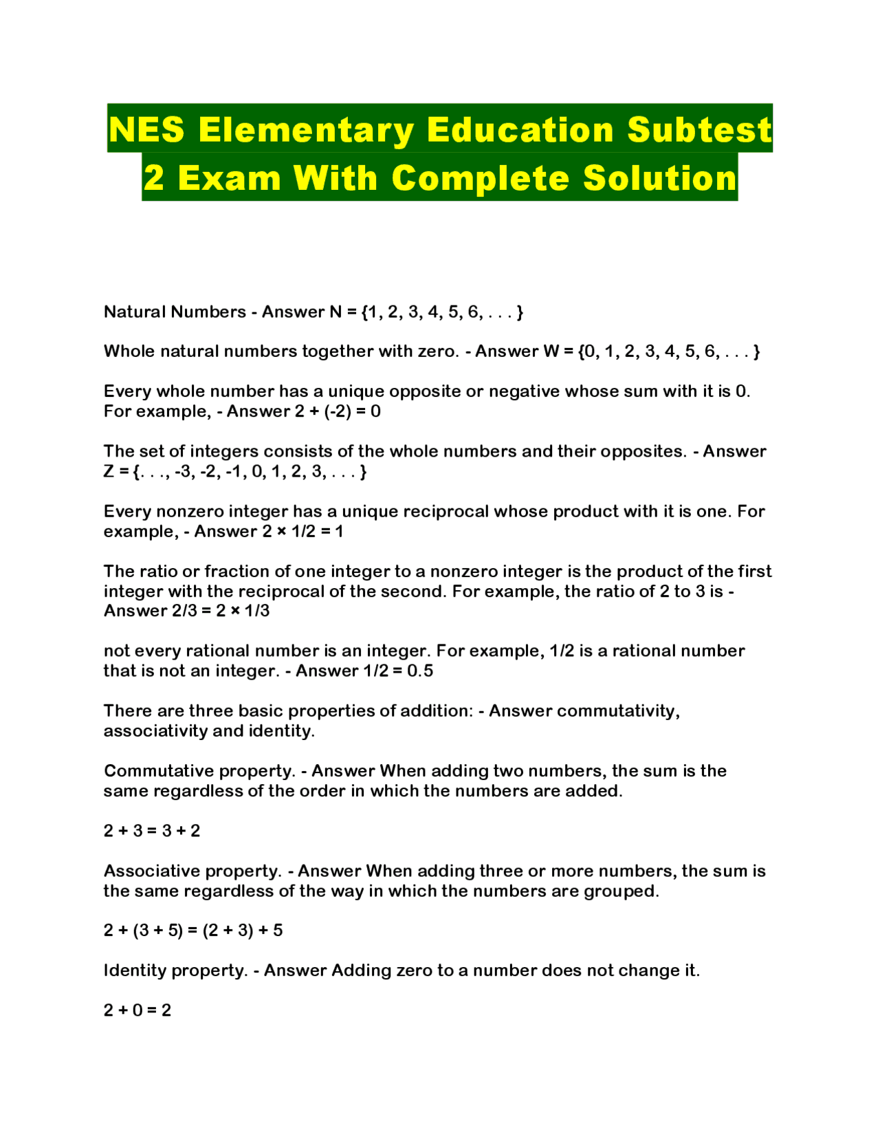 NES Elementary Education Subtest 2 Exam With Complete Solution | Exams ...
