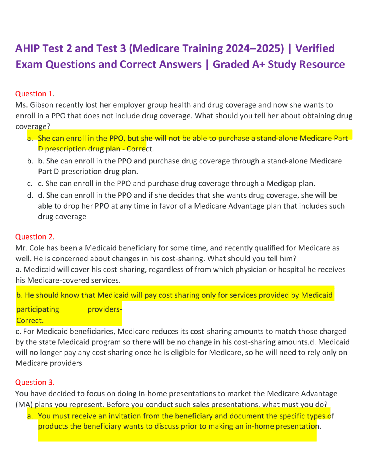 AHIP Medicare Training Exam Questions and Answers 2024-2025 | Exams ...