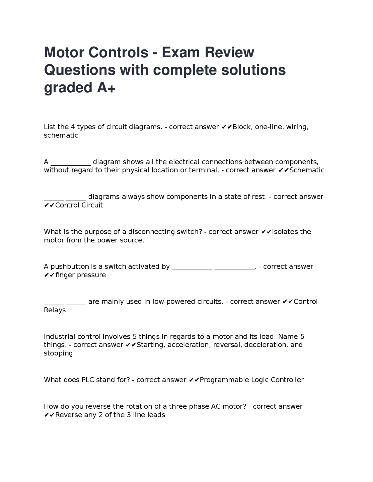 Motor Controls Exam Review: Questions and Solutions | Exams Advanced ...