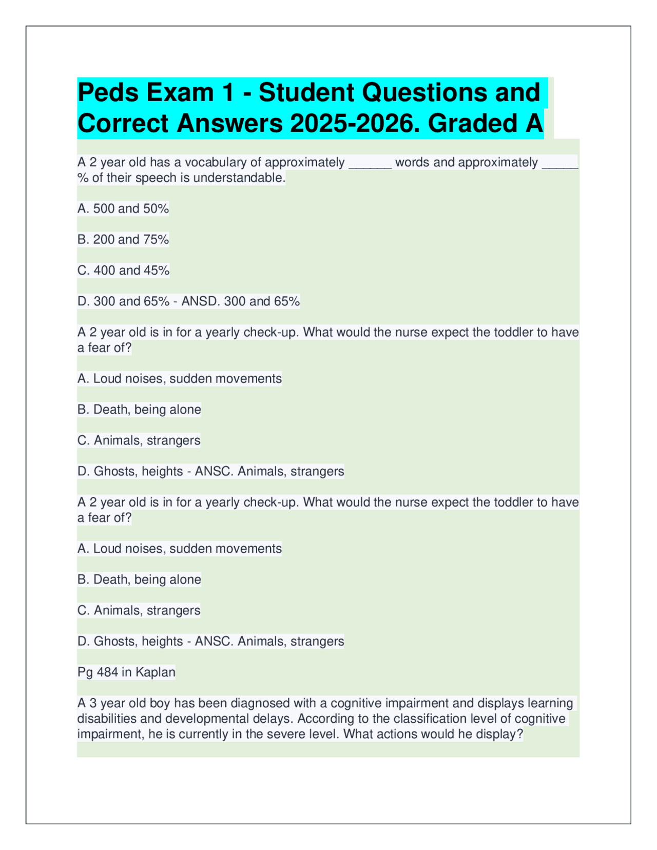 Peds Exam 1 - Student Questions and Answers 2025-2026. Graded A | Exams ...