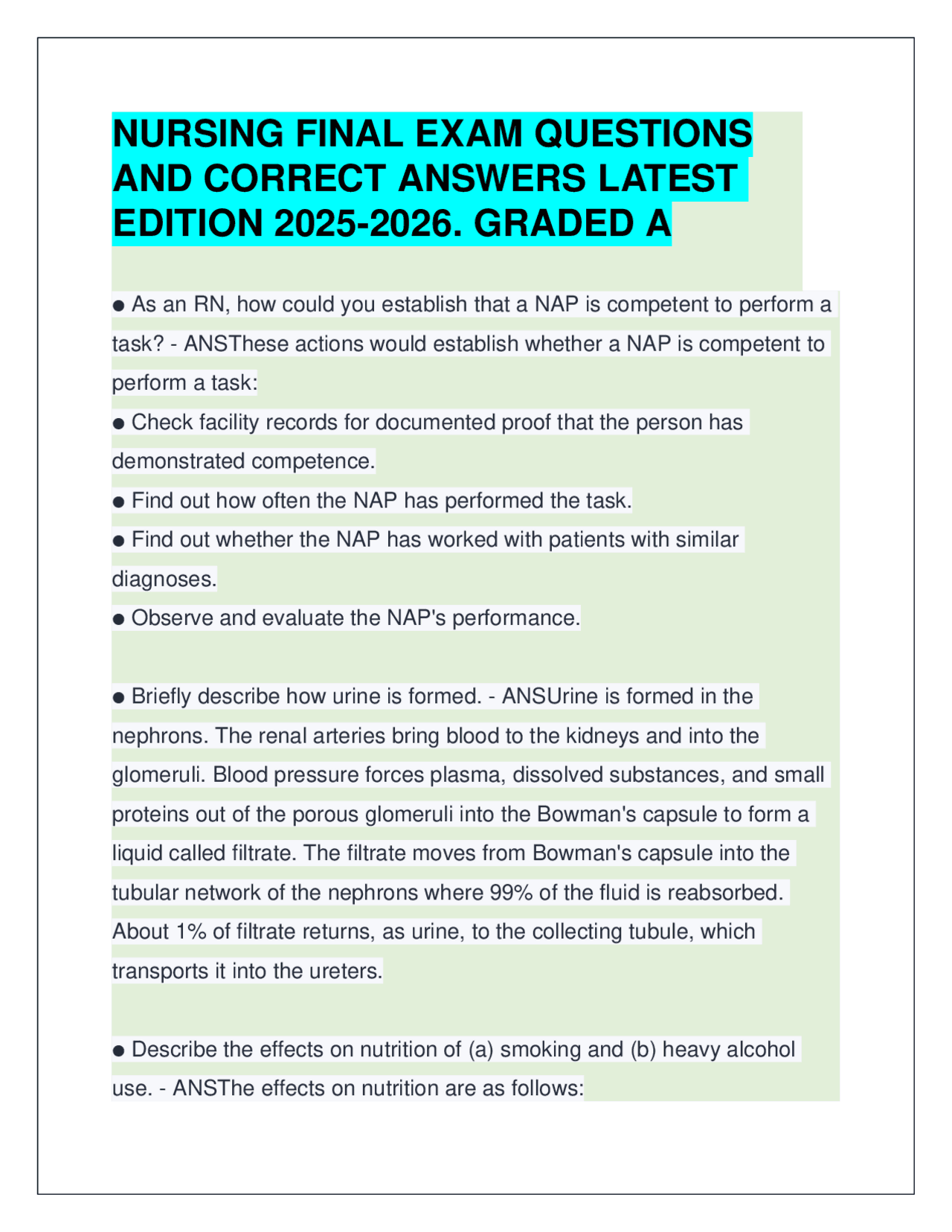 NURSING FINAL EXAM Q&A LATEST EDITION 2025-2026. GRADED A | Exams ...