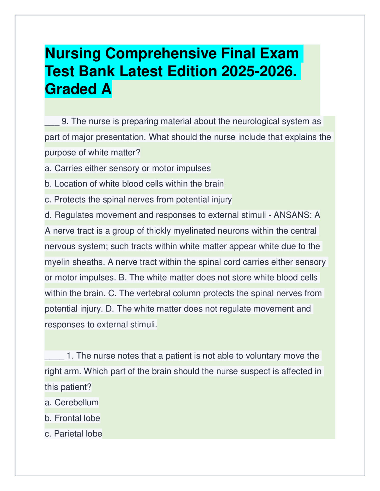 Nursing Comprehensive Final Exam Test Bank Latest 2025-2026. Graded A ...