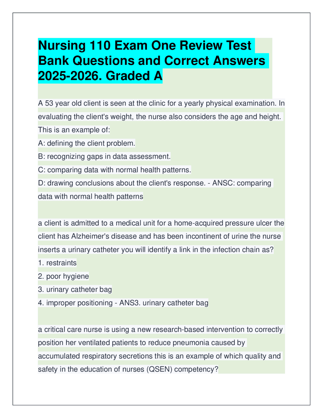 Nursing 110 Exam One Review Test Bank Q&A Answers 2025-2026. Graded A ...