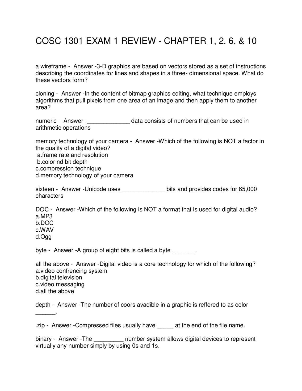 COSC 1301 EXAM 1 REVIEW - CHAPTER 1, 2, 6, & 10 | Exams Social Sciences ...