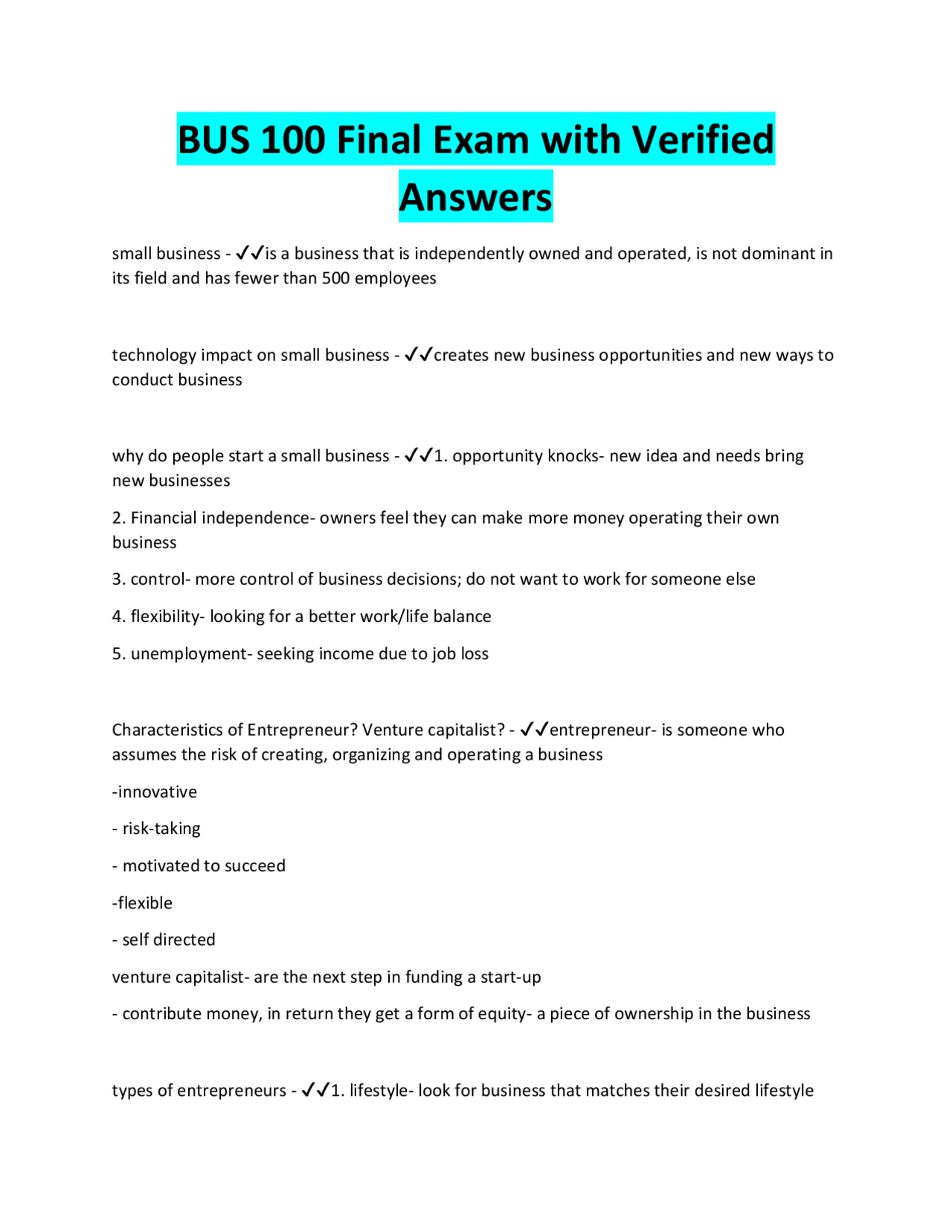 BUS 100 Final Exam Review: Small Business Concepts and Entrepreneurship ...