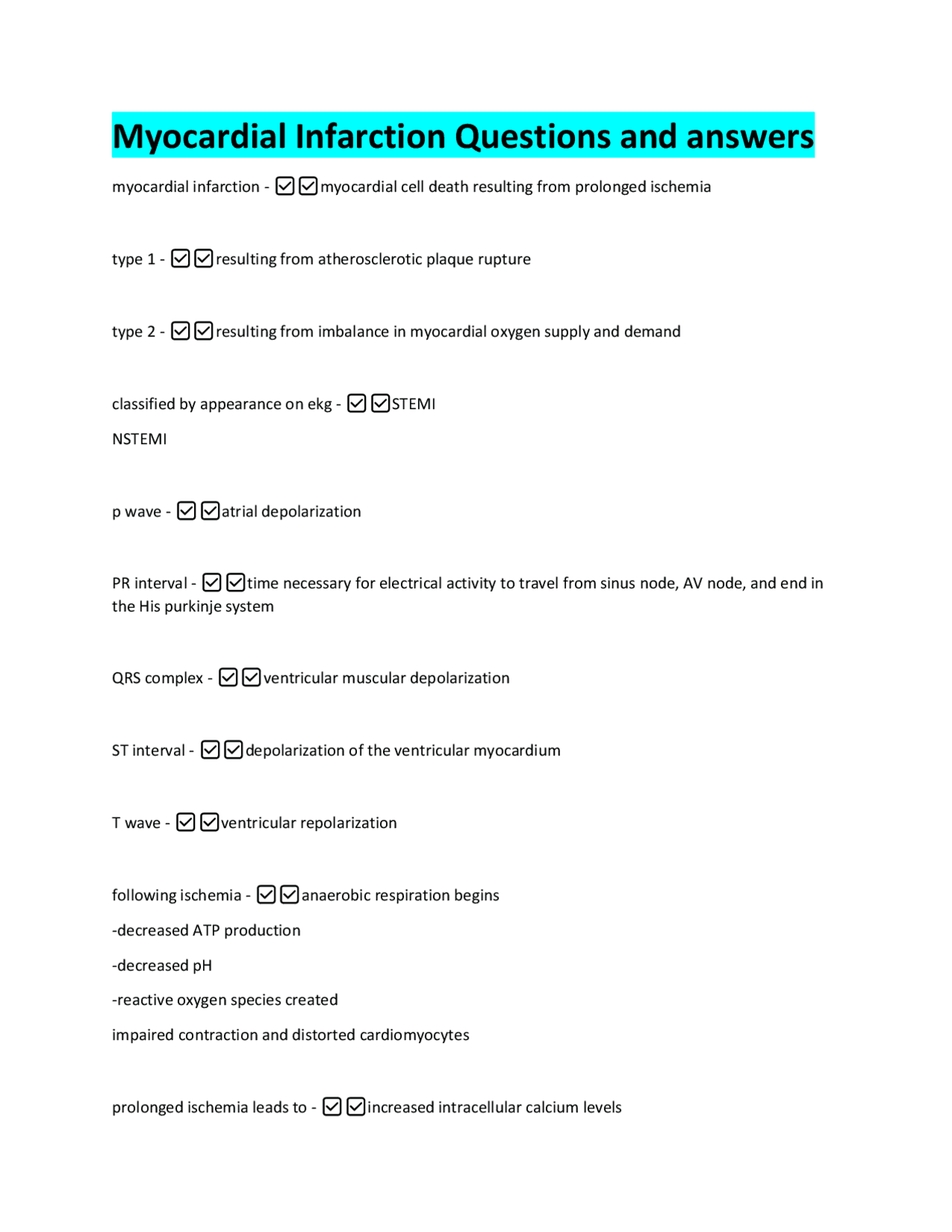 Hints Infarct Myocardial Infarction: Key Concepts Q&A | Exams Nursing | Docsity