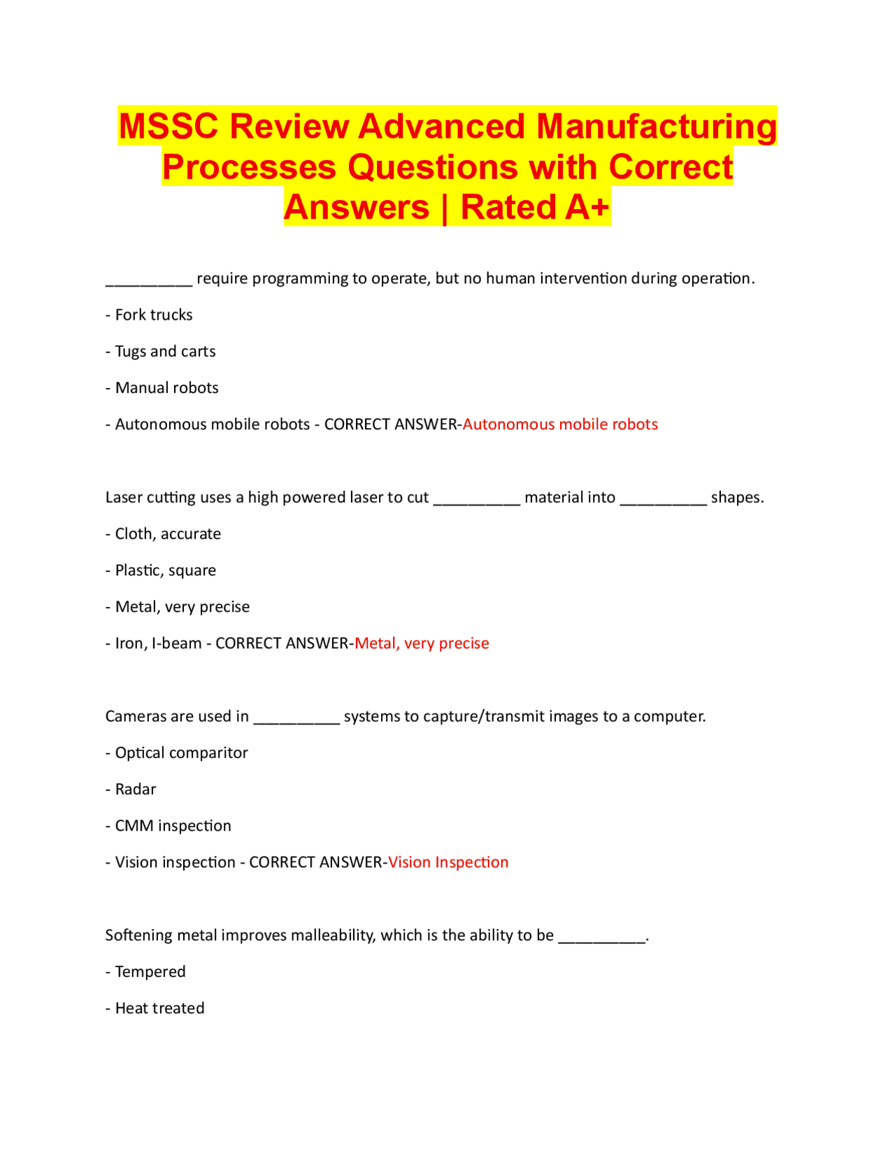 Simple Manufacturing Test Question Advanced Manufacturing Processes: Review Questions and Answers | Exams ...